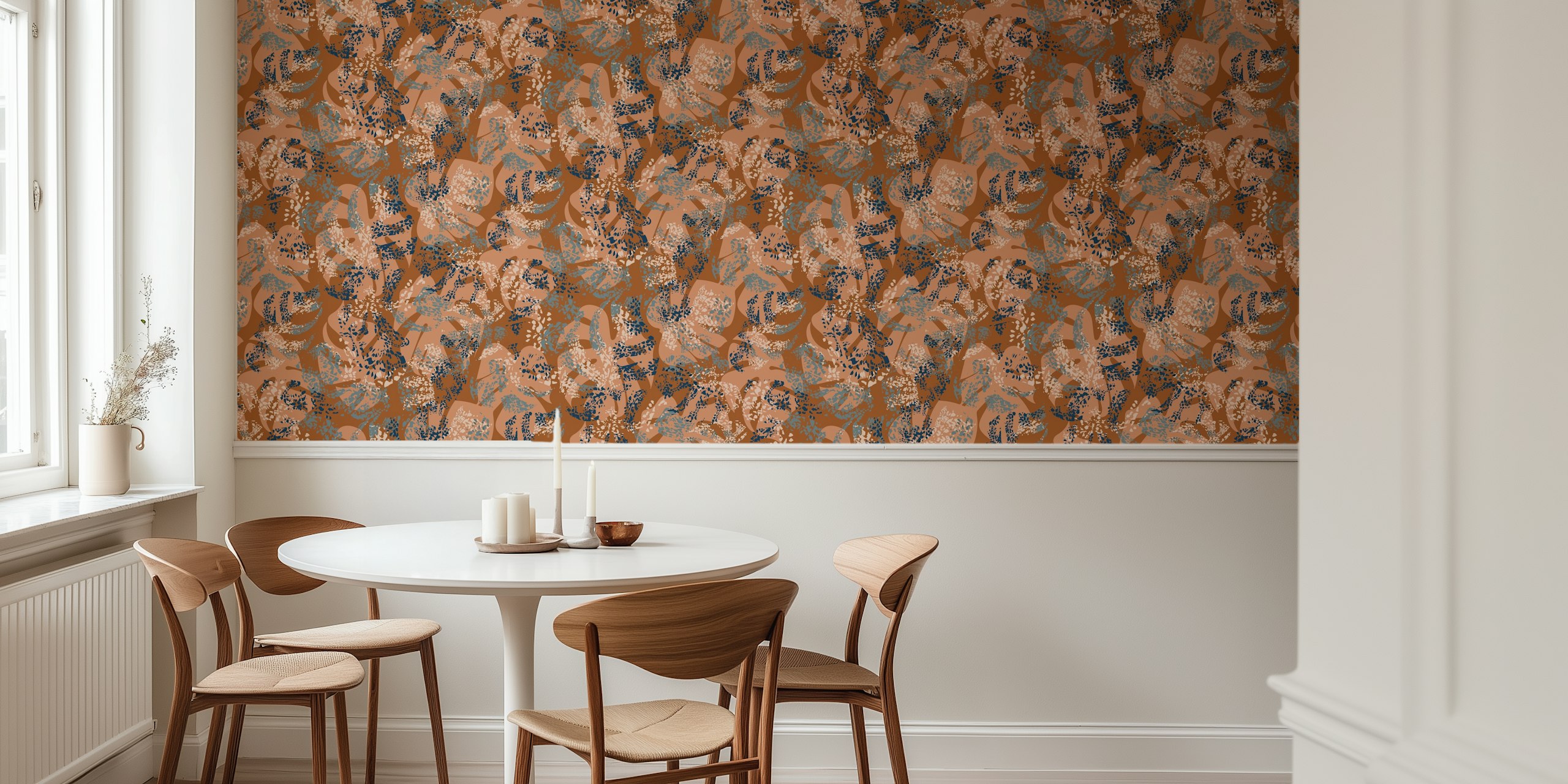Tropical floral wallpaper in Sugar Almond colors featuring brown, beige, and navy blue leaves