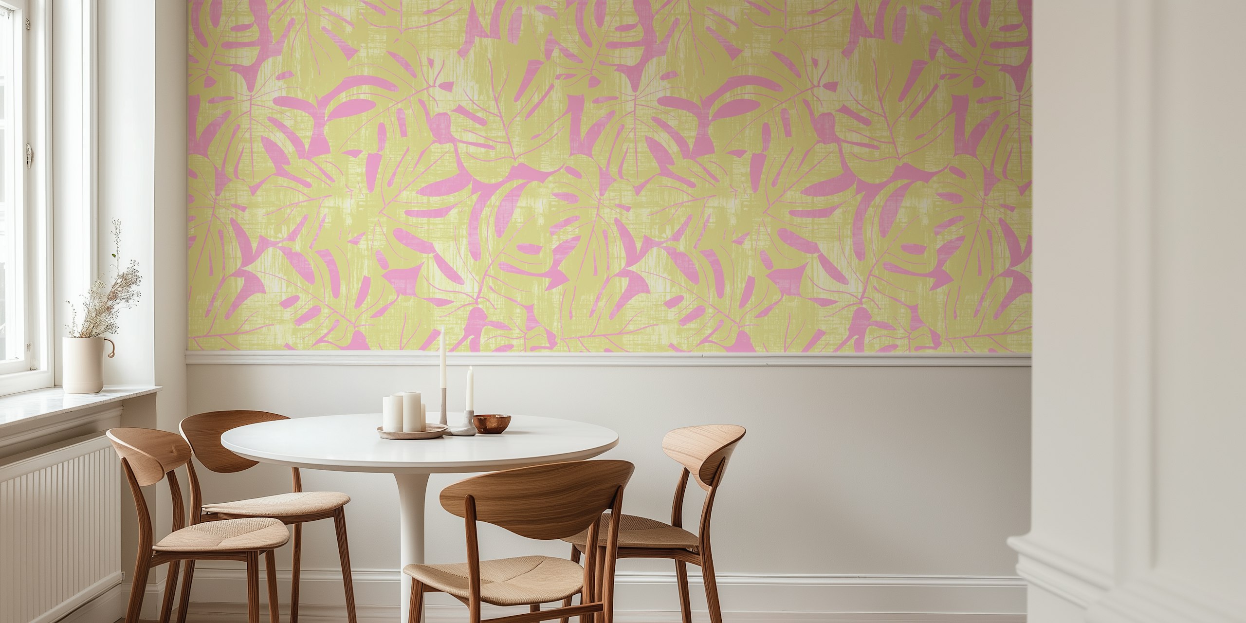 Tropical jungle leaves pattern in pink and citron green wallpaper