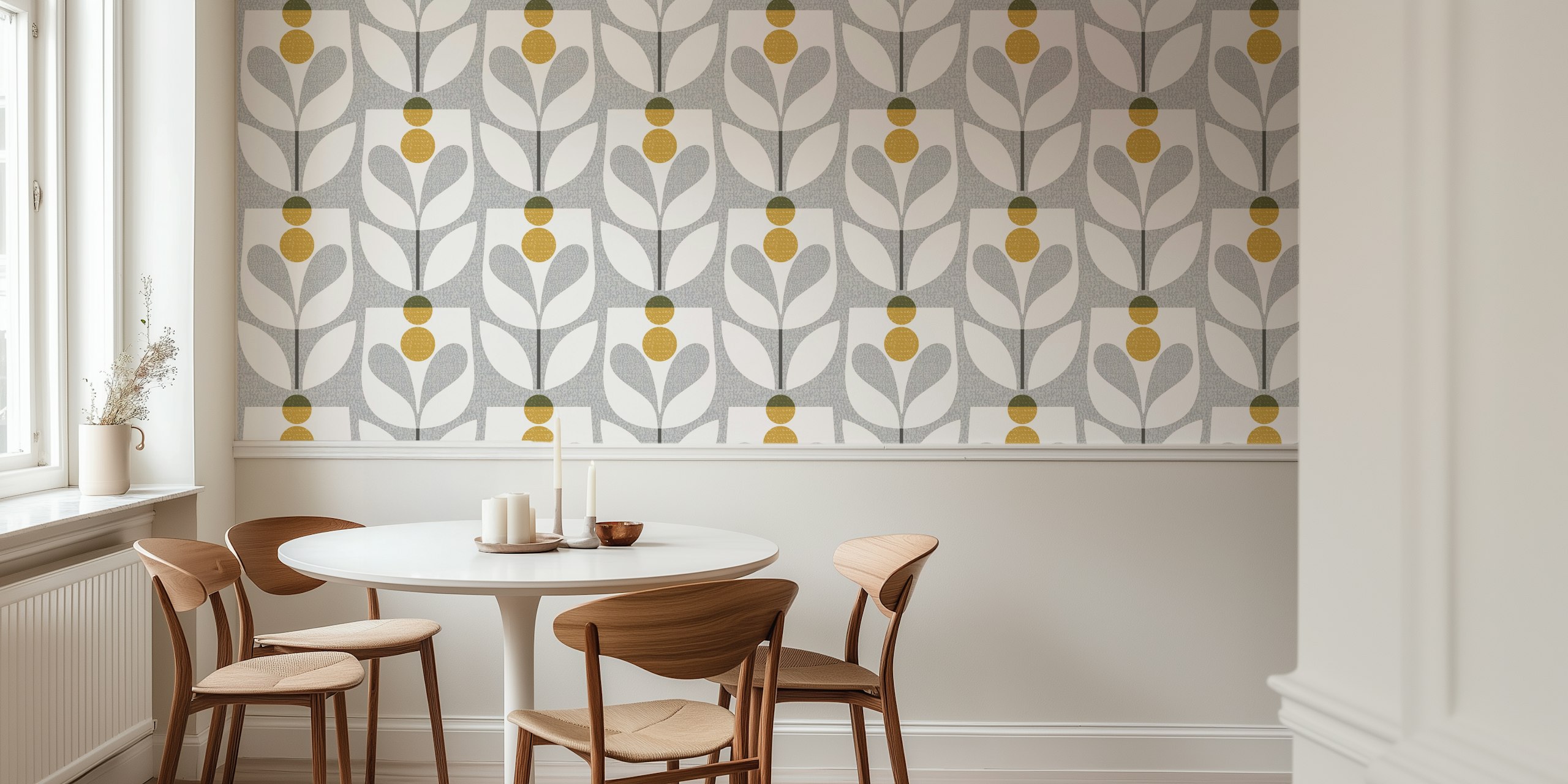 Gray floral pattern with pink and mustard elements wallpaper