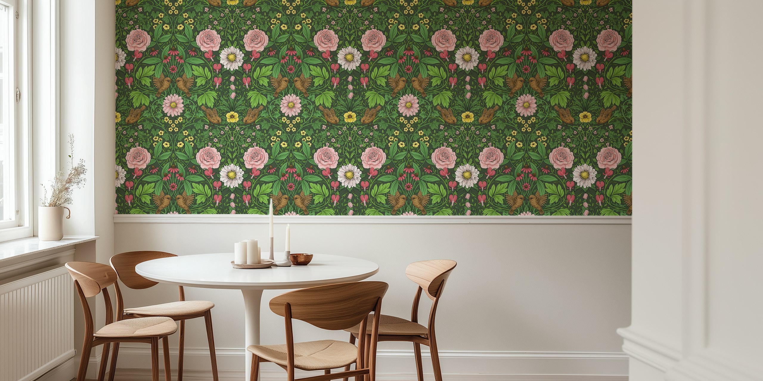 Floral garden wallpaper with pink roses, daisies, and birds on a green background