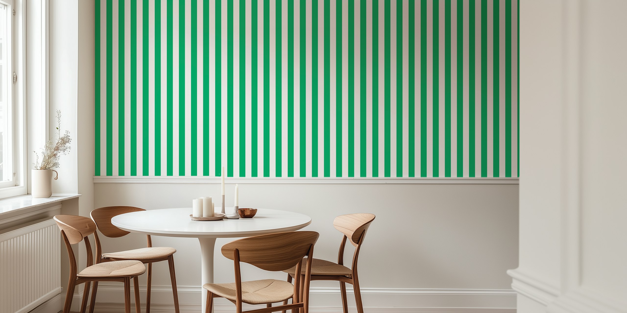 Jade green and white medium stripes wallpaper in a room