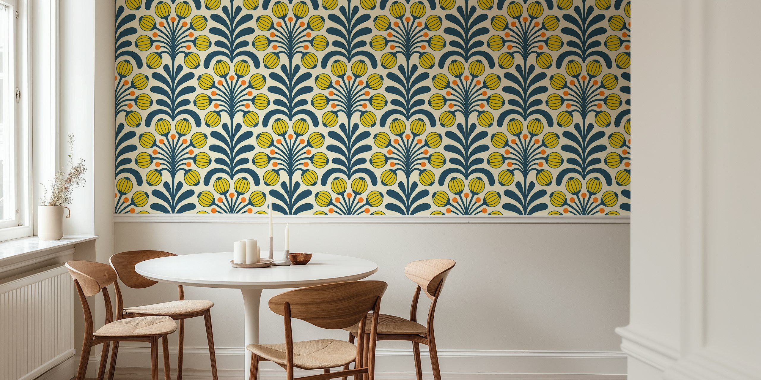 Yellow floral pattern with navy green vines wallpaper