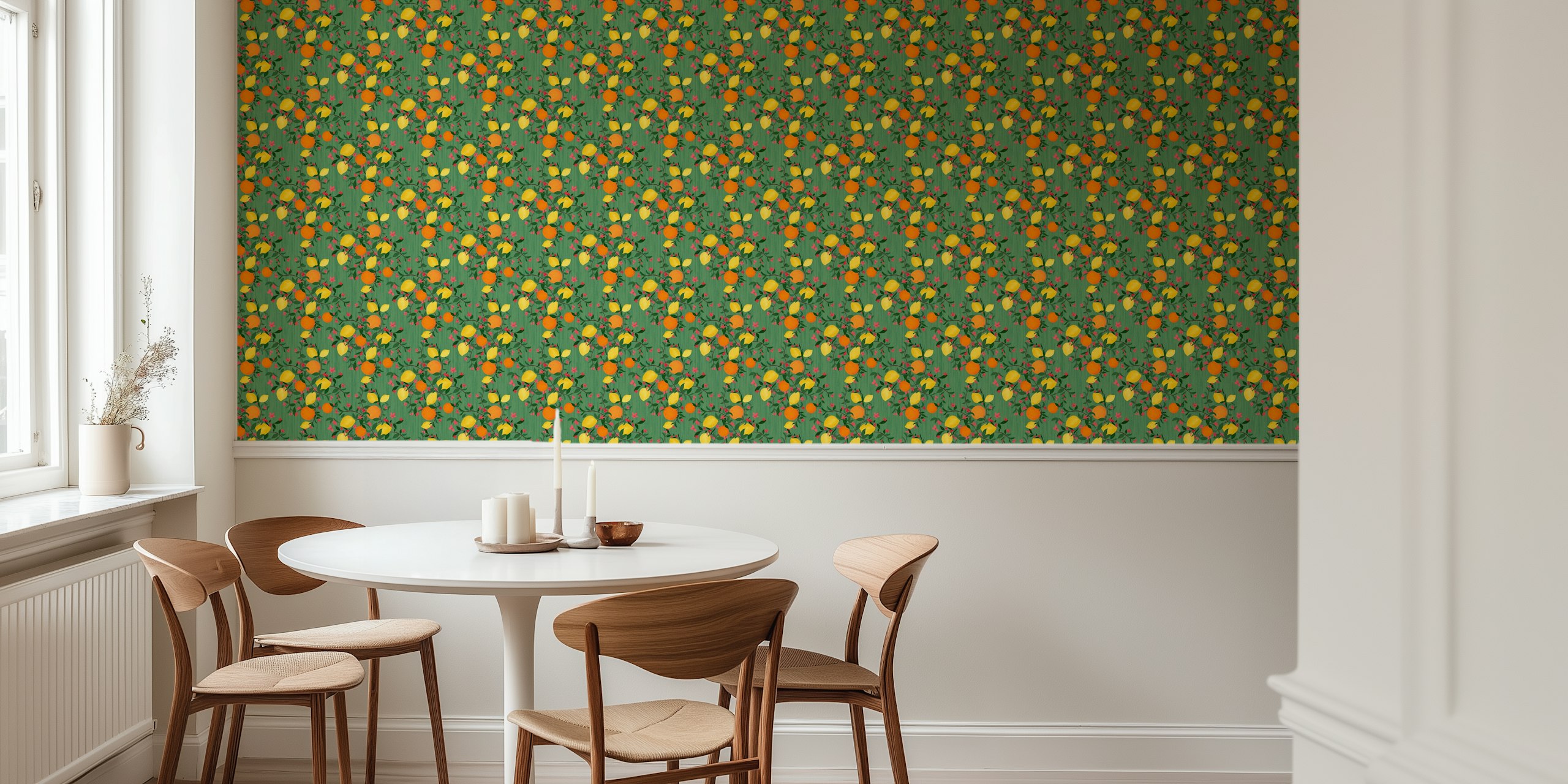 Citrus fruits and pink flowers pattern on green background wallpaper