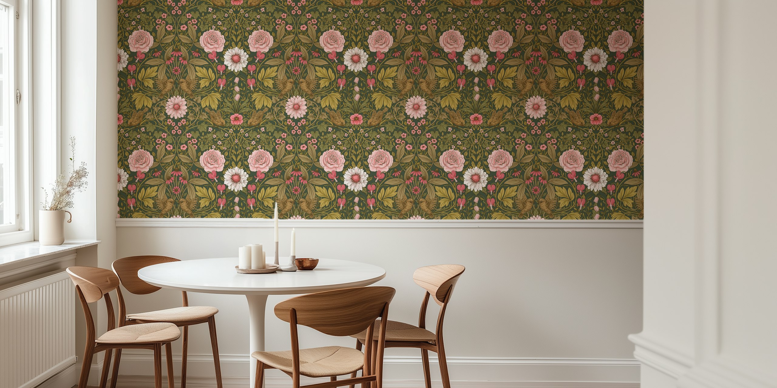 Floral pattern with pink roses and green leaves wallpaper