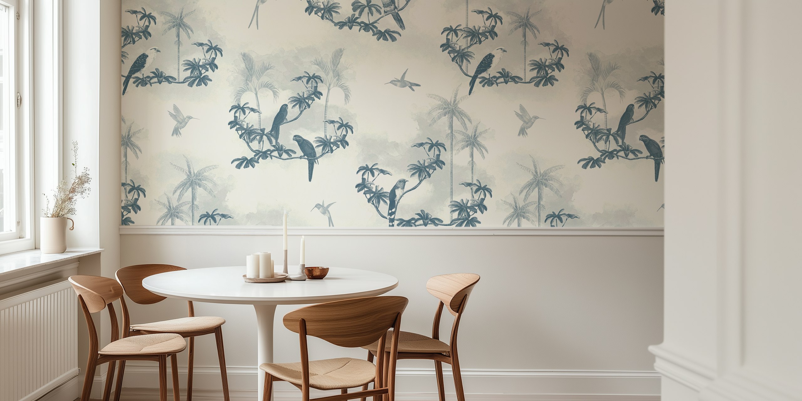 Serene blue Tropical Scenes Tapete in einem Raum