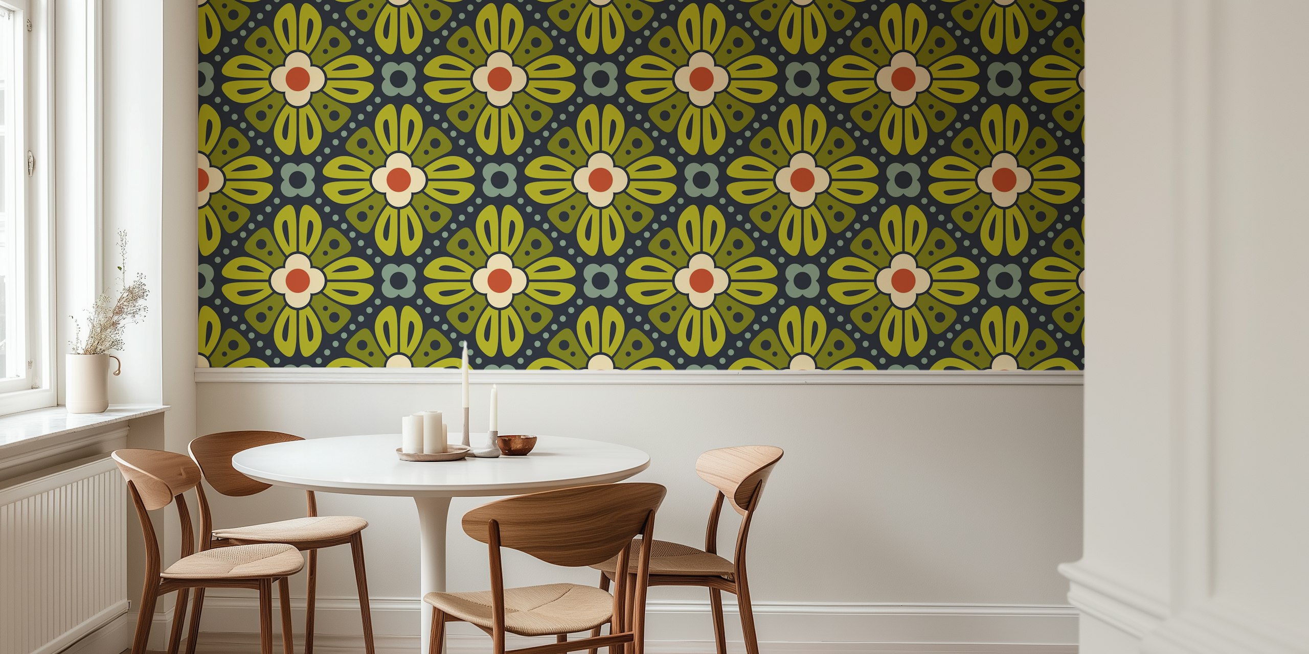 Retro Floral Tiles in Green Red - L huoneen sisustuksessa