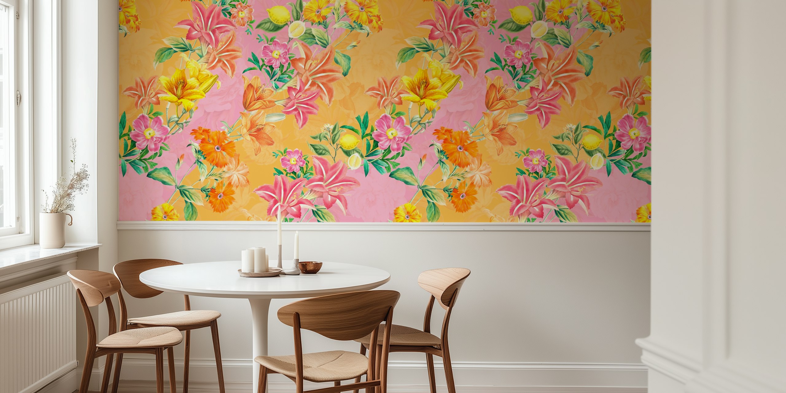 Colorful tropical flowers and lemon foliage wallpaper