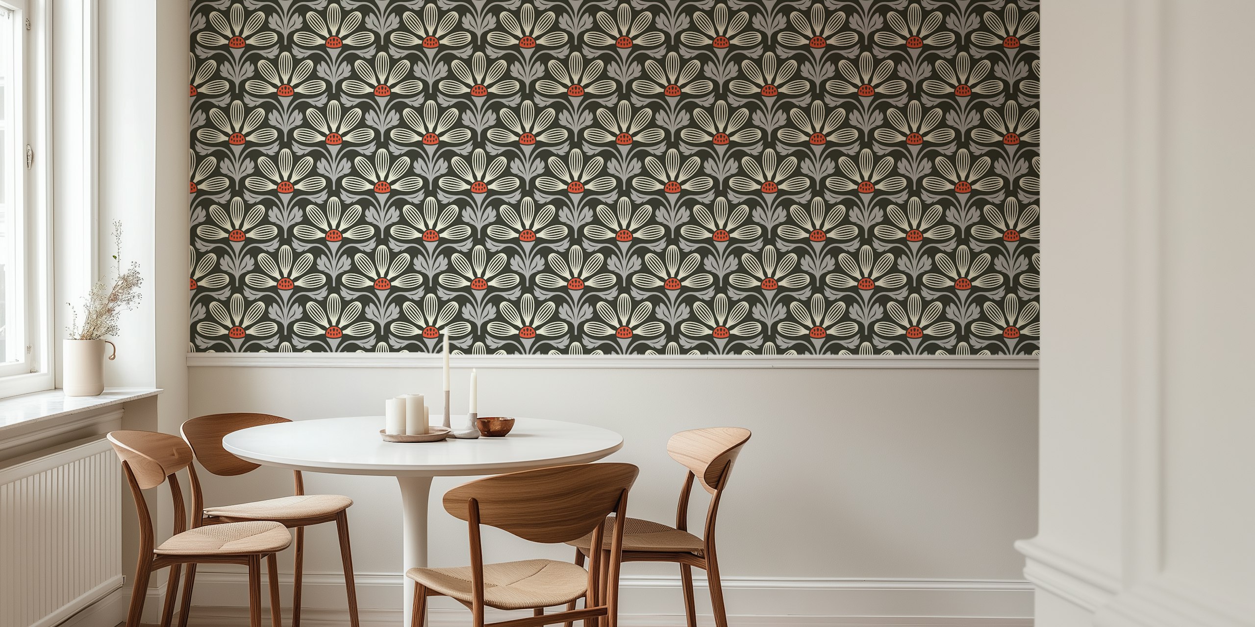 Gray floral wallpaper with elegant blooms and intricate patterns