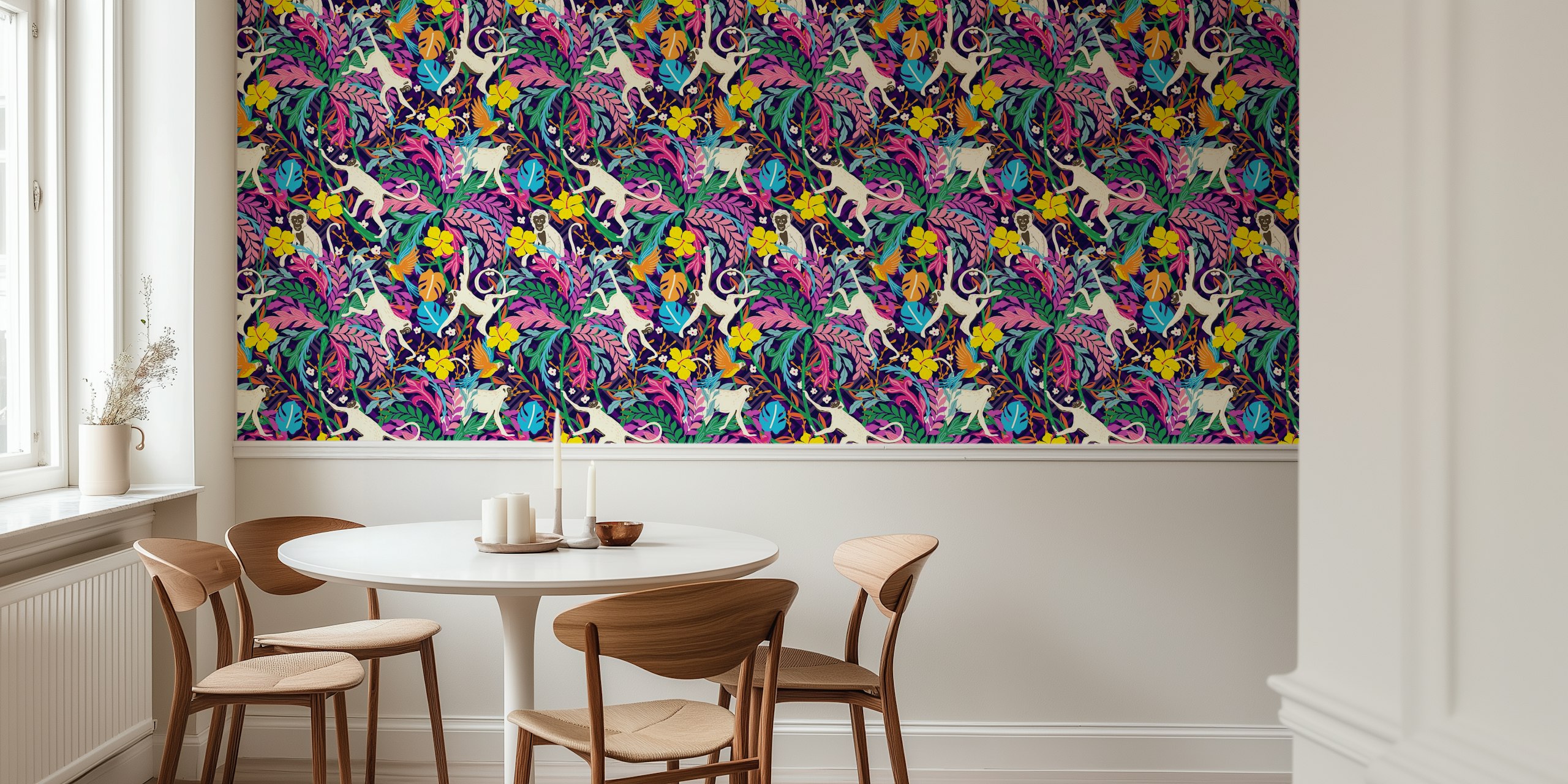 Playful monkeys wallpaper in a colorful room