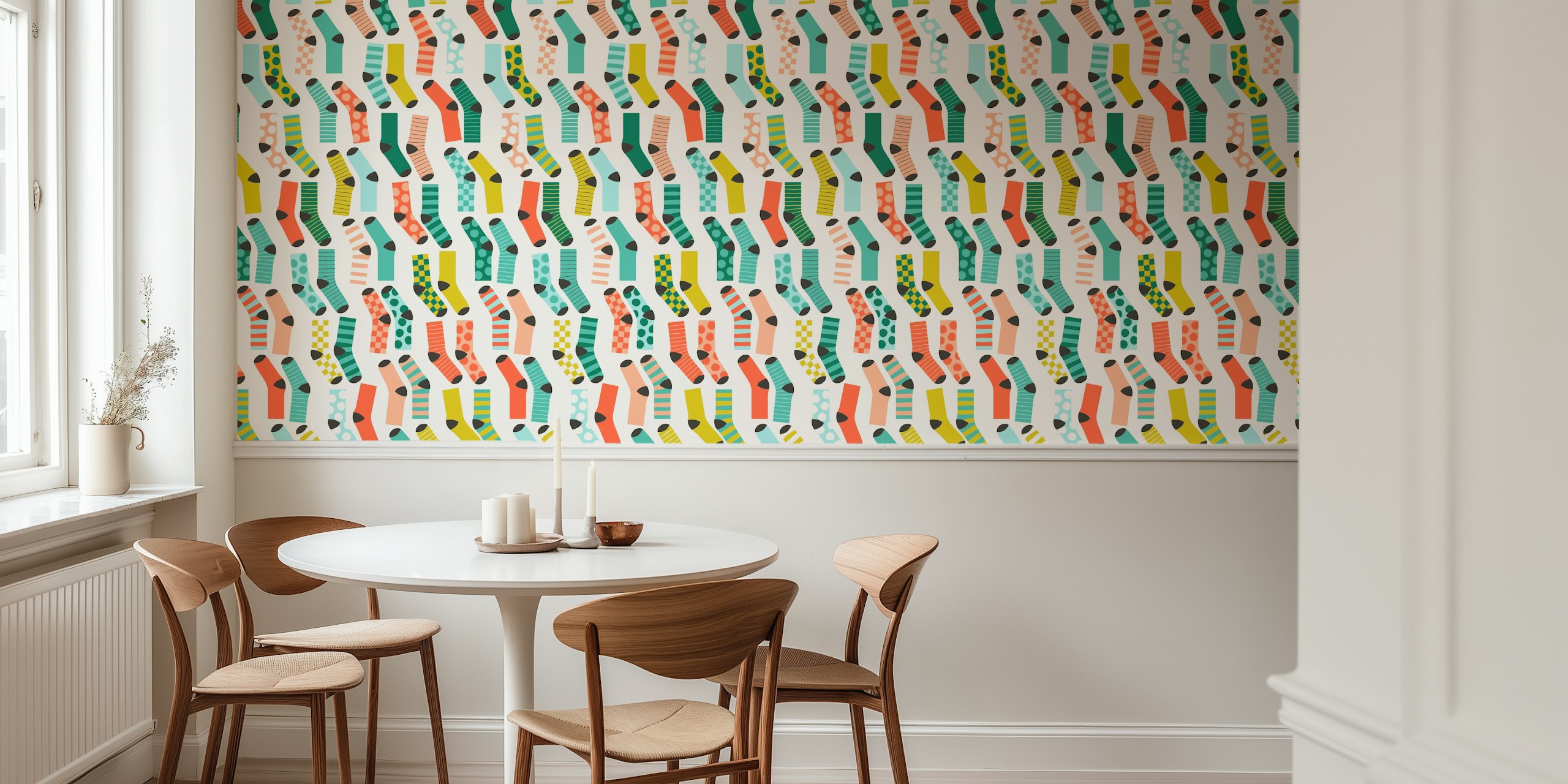 Colorful sock patterns in teal, pink, and green wallpaper