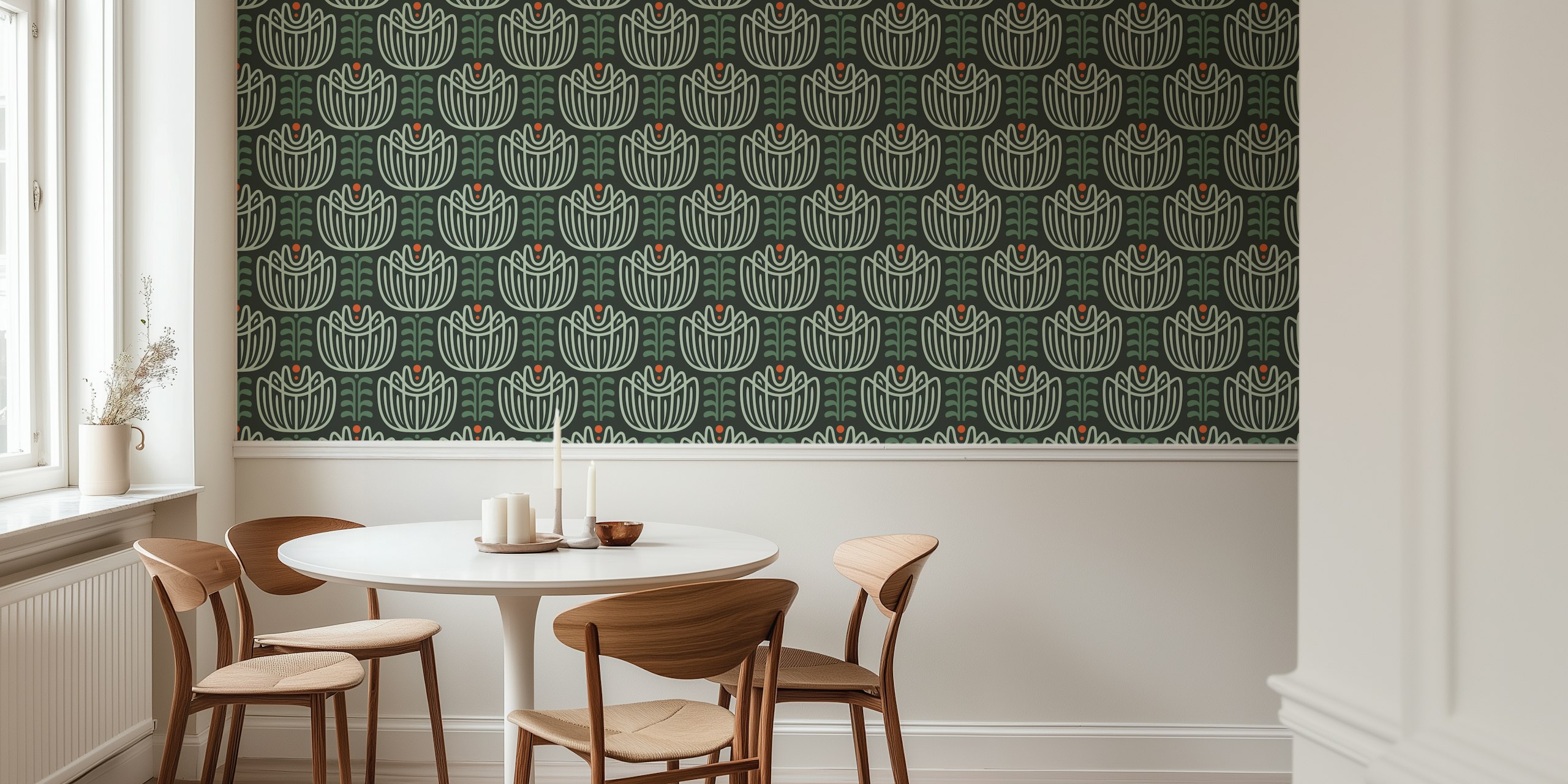 Stylized tulip design in dark green with floral elements wallpaper