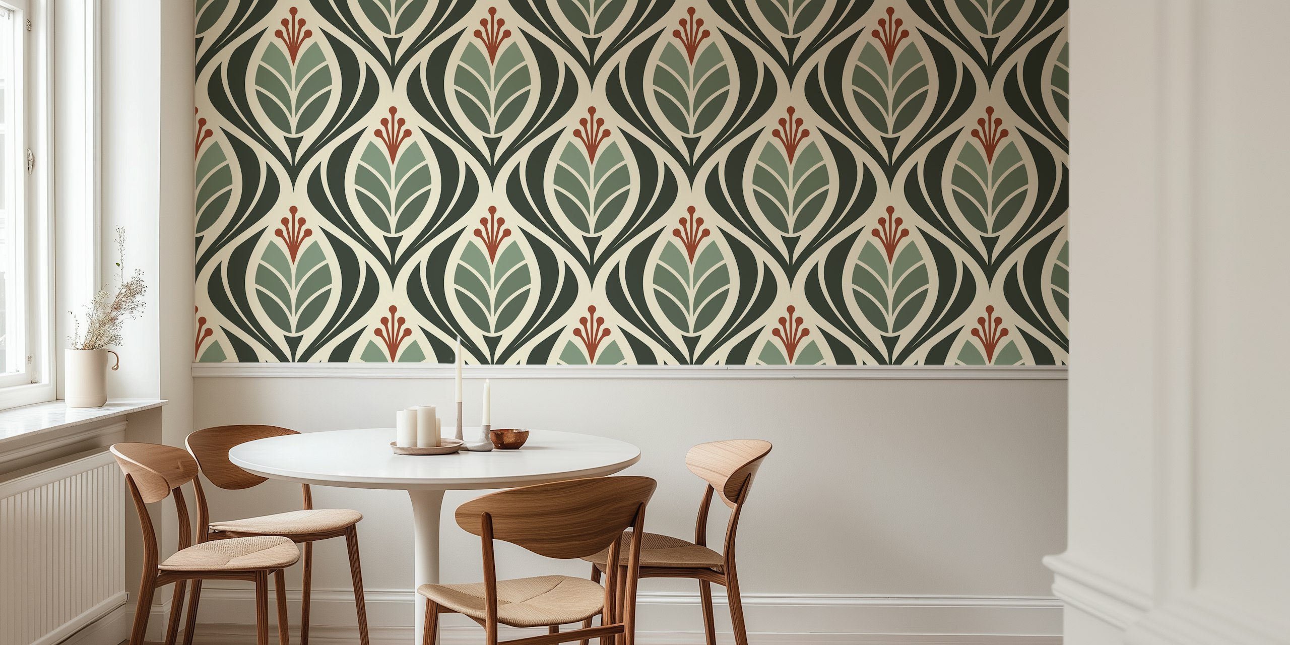 Bold green floral pattern with tulip blossoms wallpaper