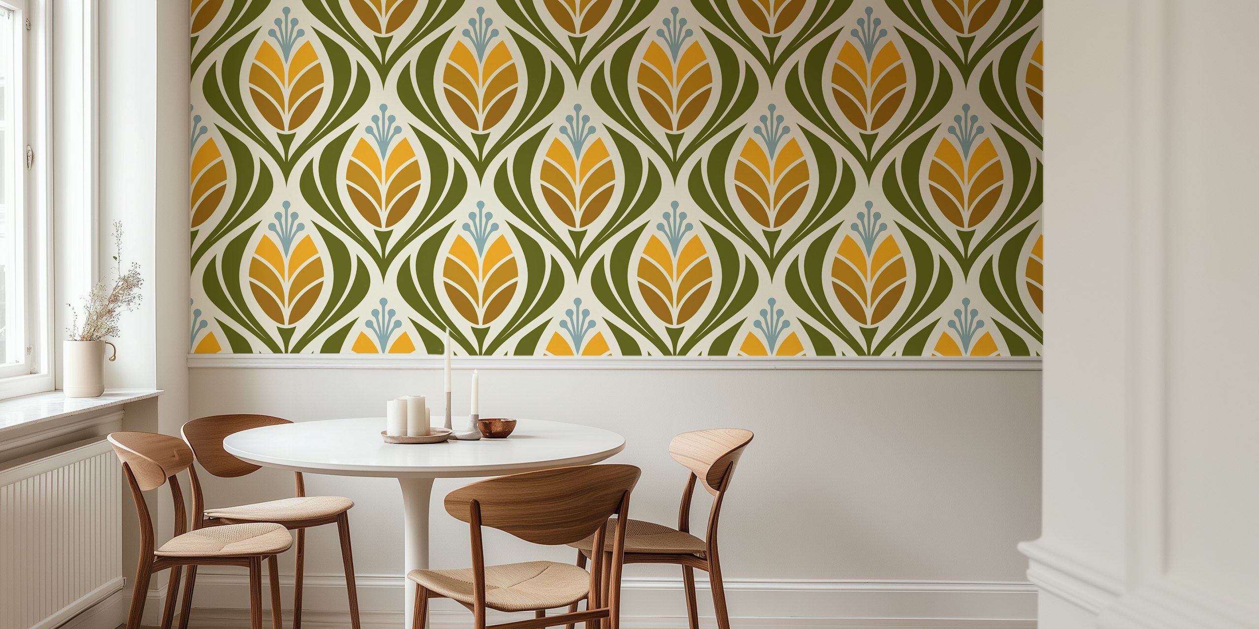 Bold retro tulip floral pattern in yellow, green and blue wallpaper