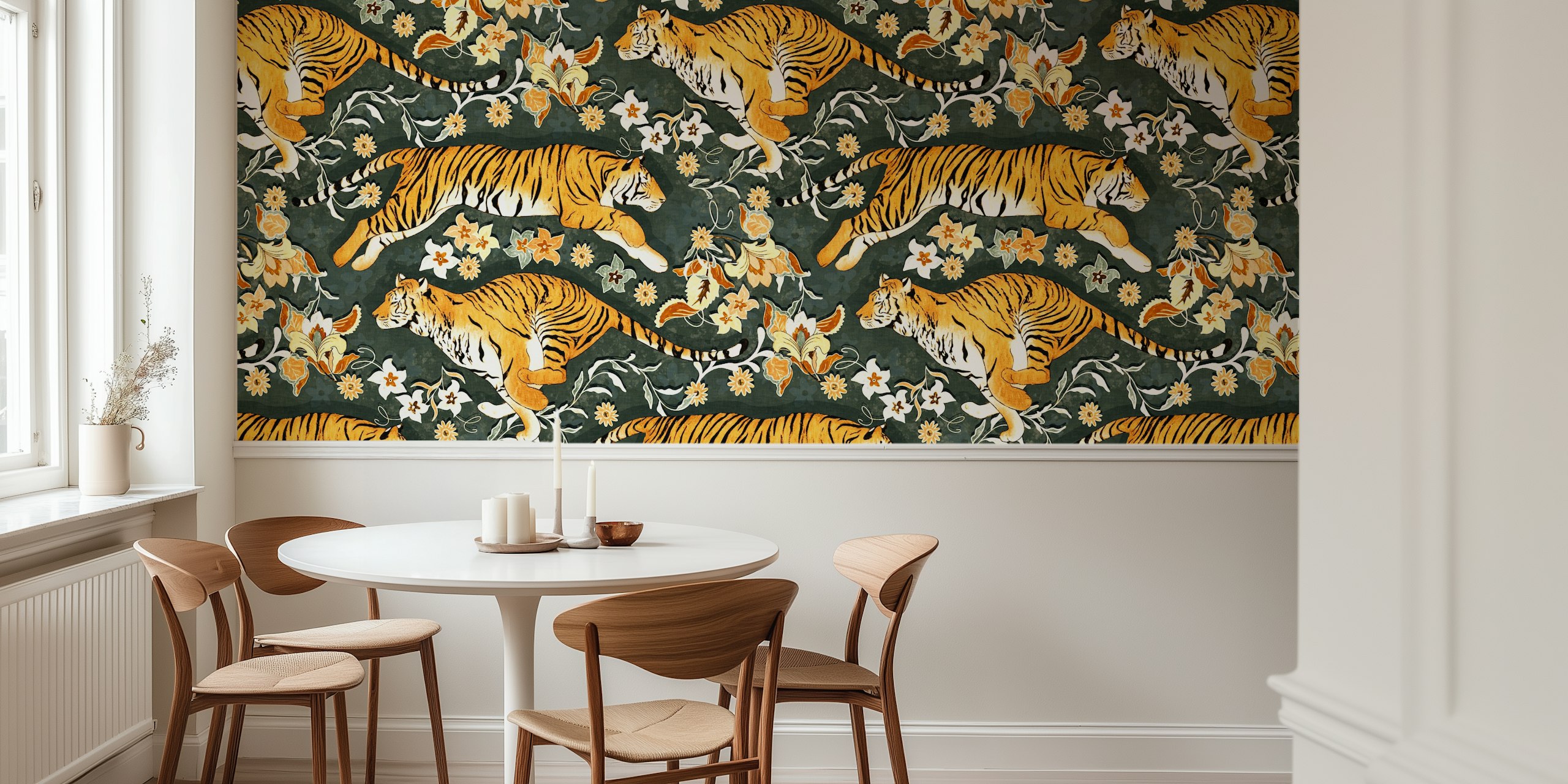 Tigre orange et fleurs sur fond charbon wallpaper