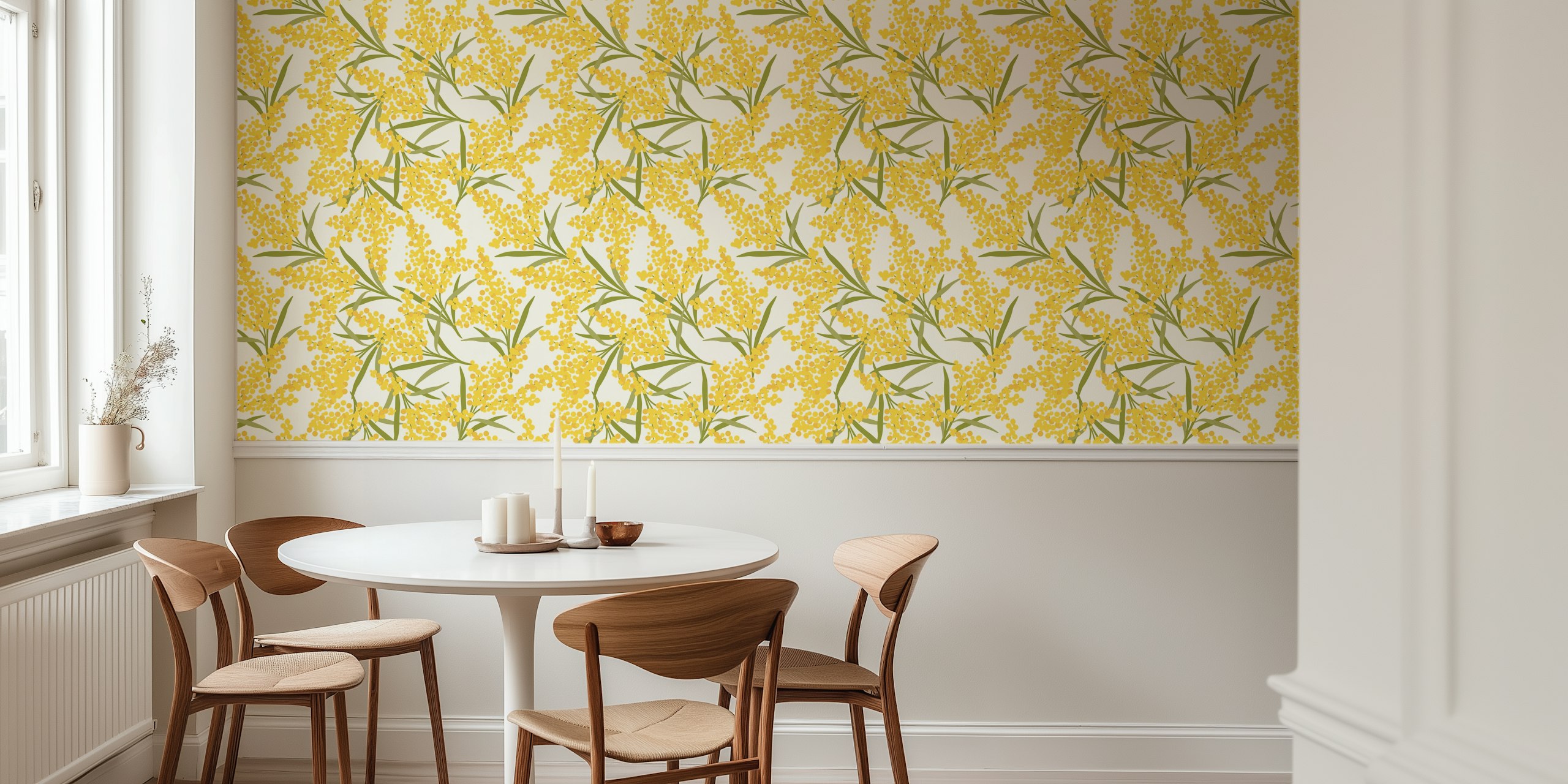 Yellow floral pattern with green leaves wallpaper