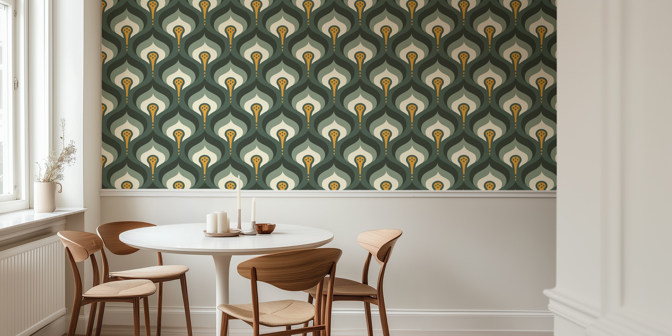 Retro flowing motif wallpaper in a room