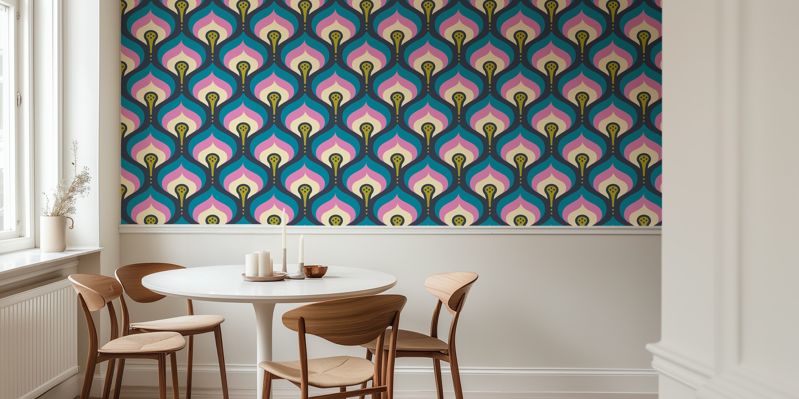 Retro Flowing Motif in Blue Pink wallpaper