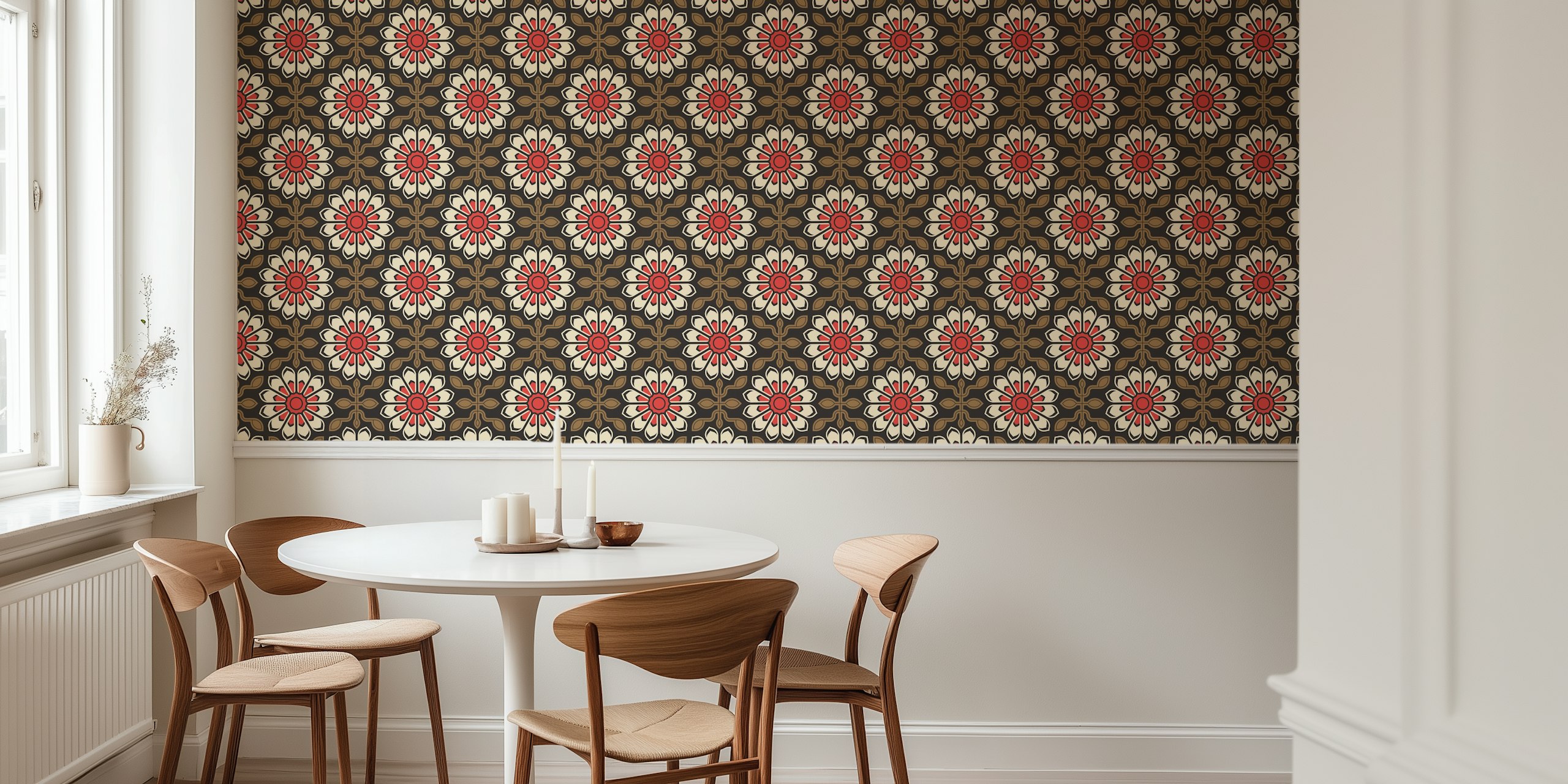 Papier peint floral coloré en symétrie dans une pièce
