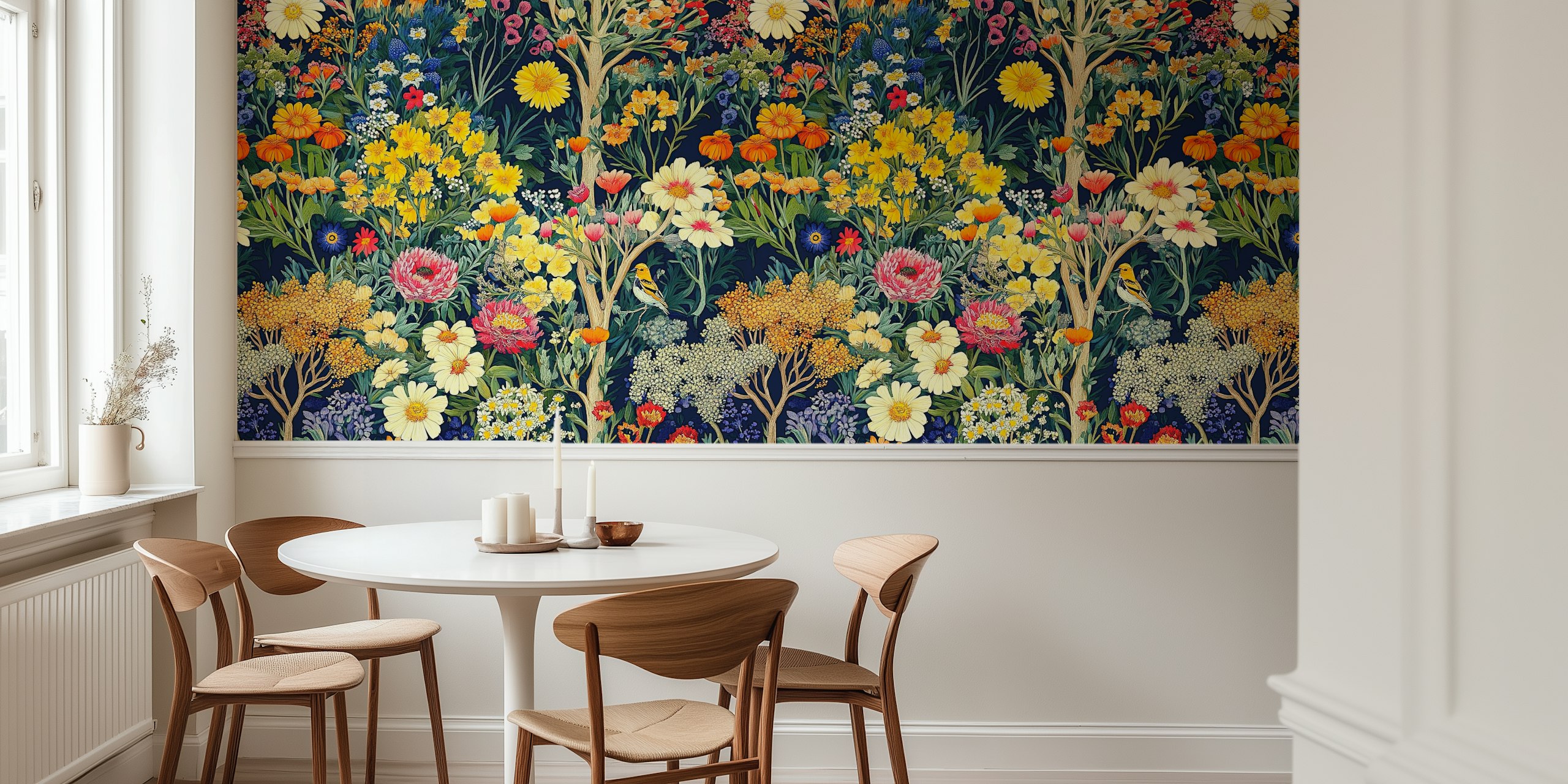 Vibrant flower garden with yellow, pink, and white flowers on dark background wallpaper