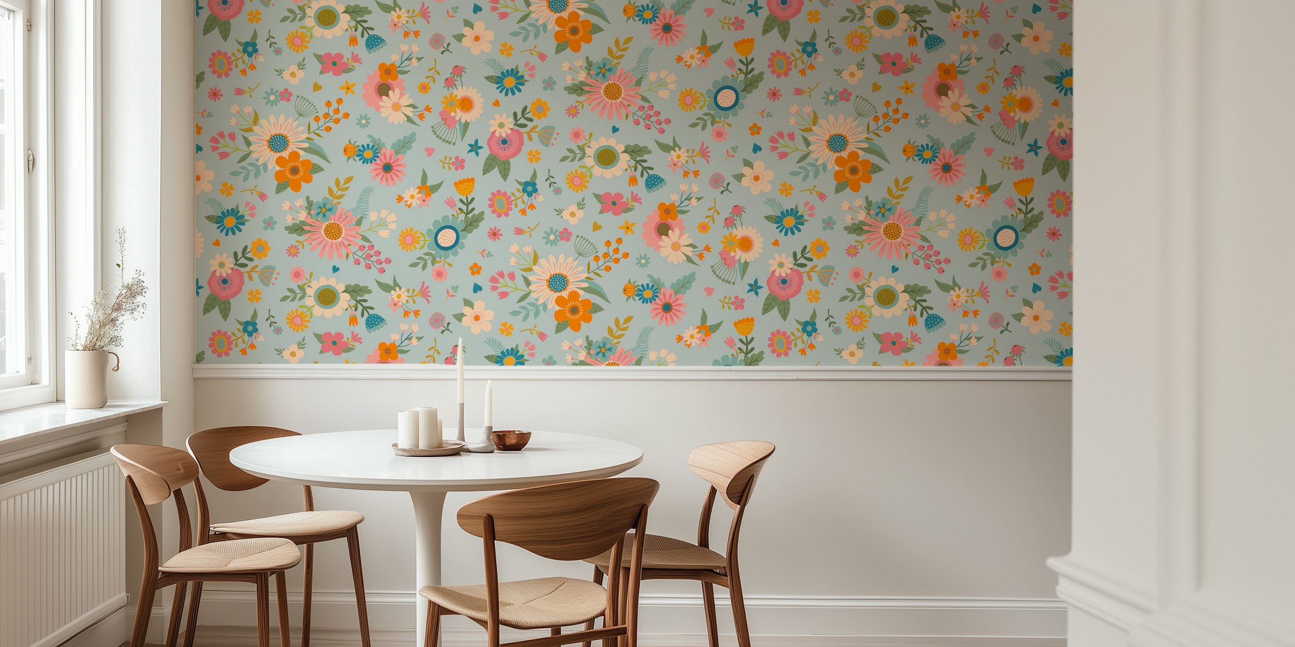 Floral Tapete mit Spring Flowers - rosa, orange, blaue Blumen.