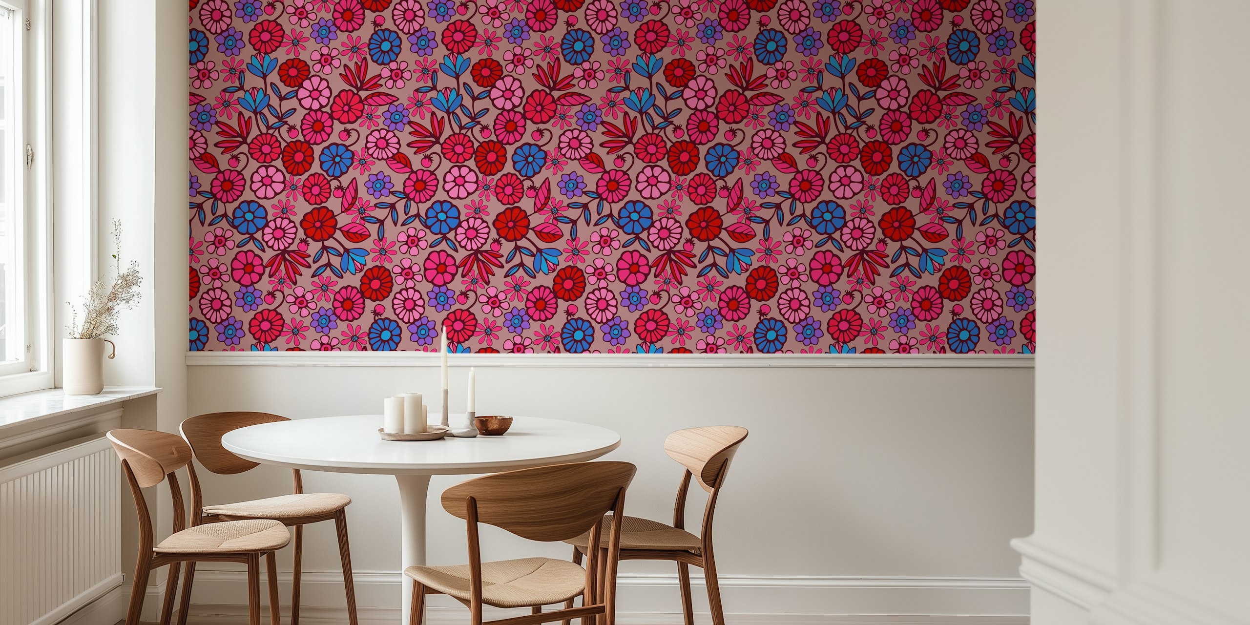 Colorful retro floral pattern with pink, blue, and red flowers wallpaper