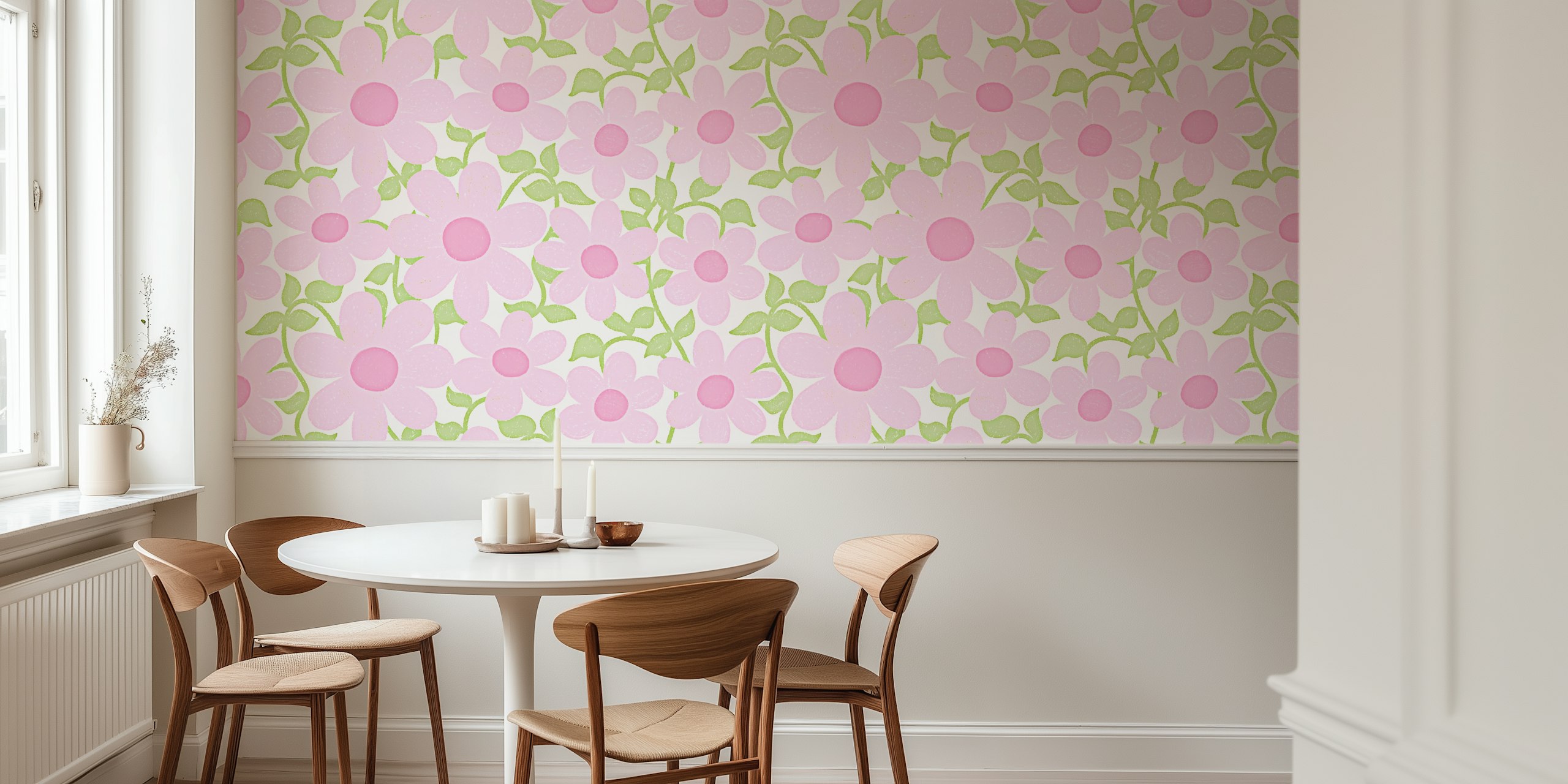 Pastel pink flowers with green leaves wallpaper