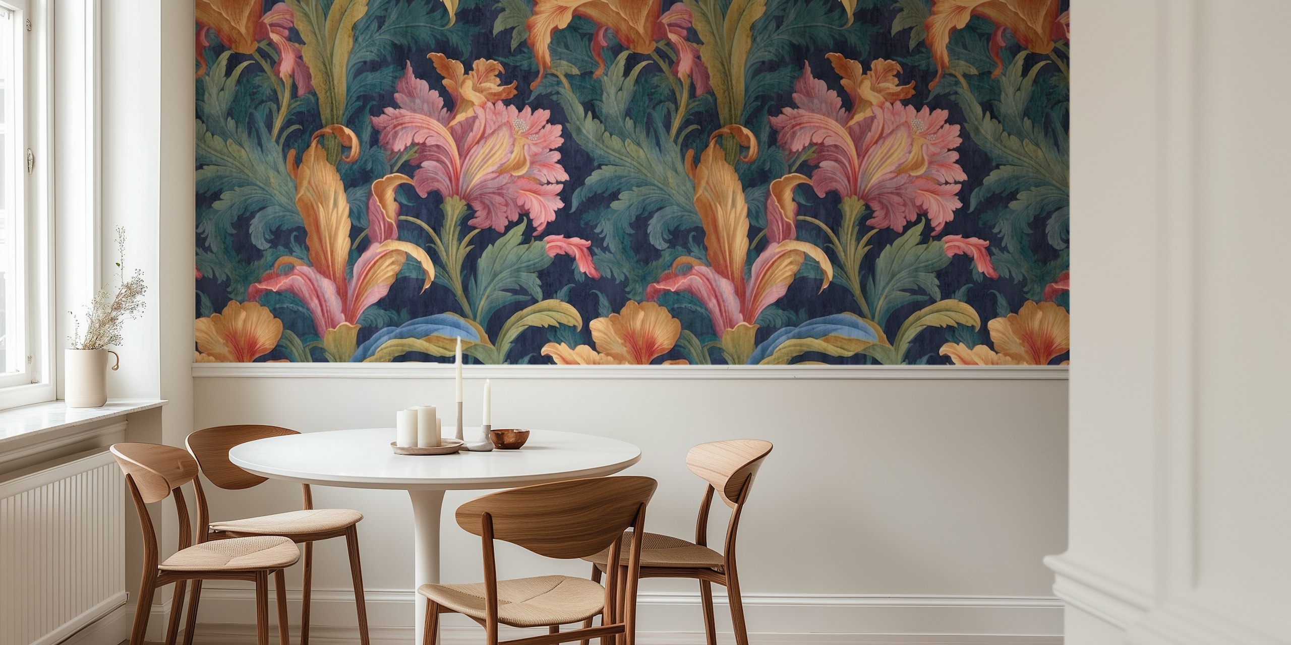 Vintage floral wallpaper with pink and orange flowers on navy background