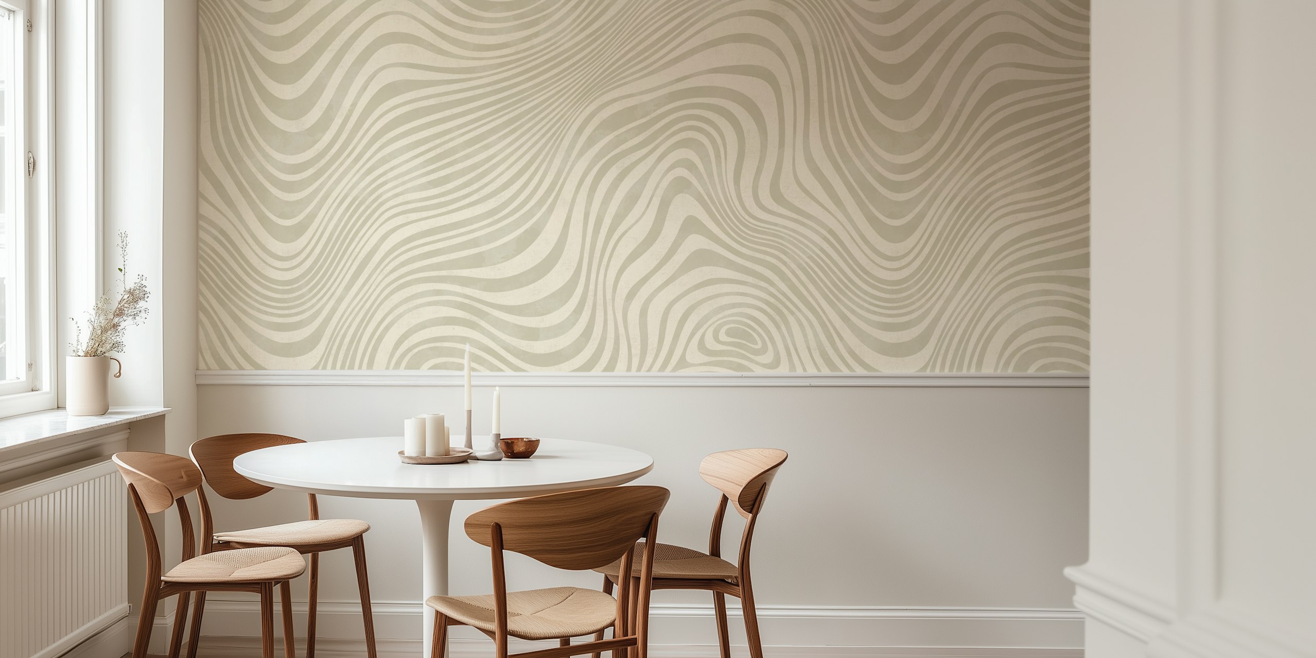 Abstract wavy lines in light gray and beige wallpaper