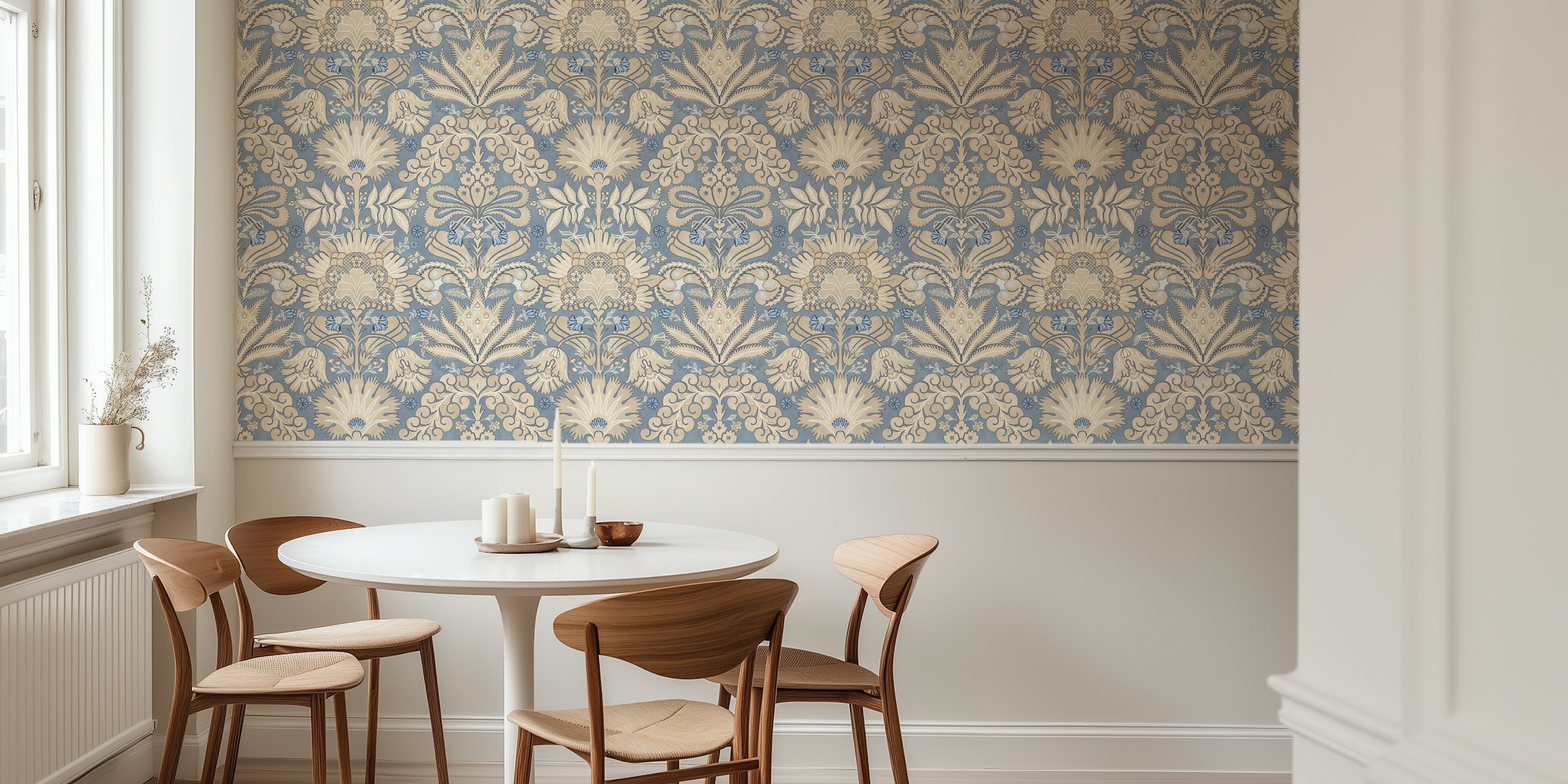 Floral damask pattern in cream and slate blue wallpaper