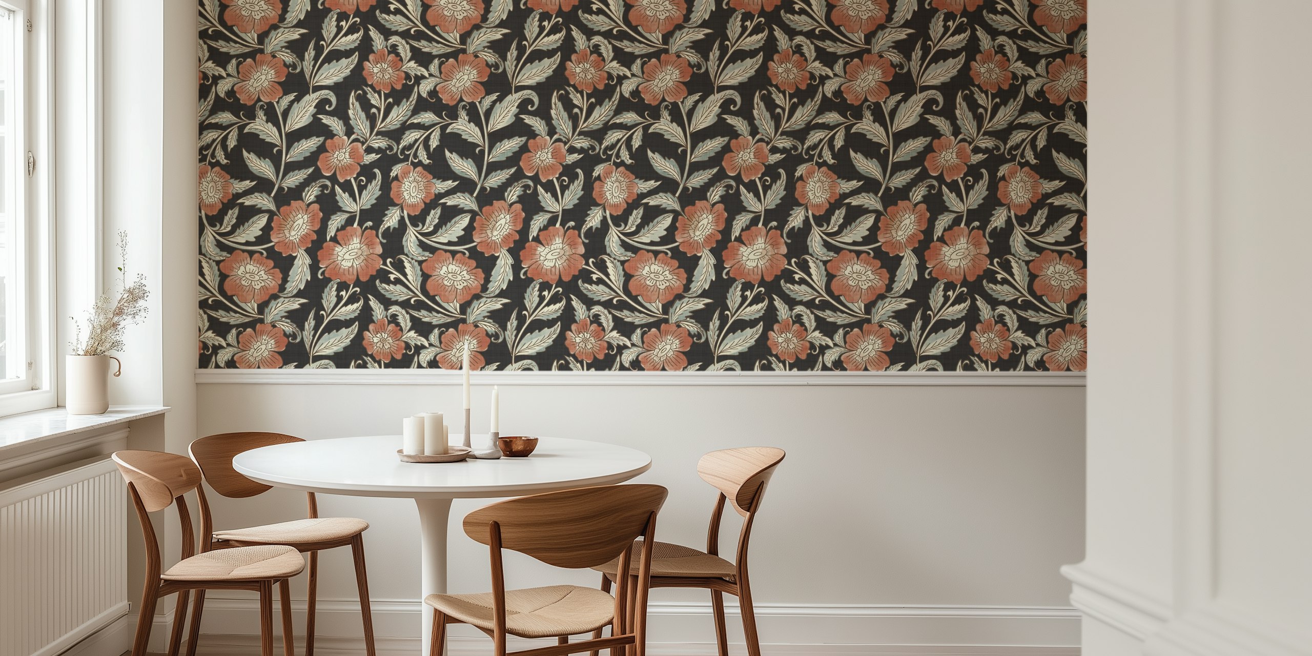 Antique moody floral wallpaper in a room