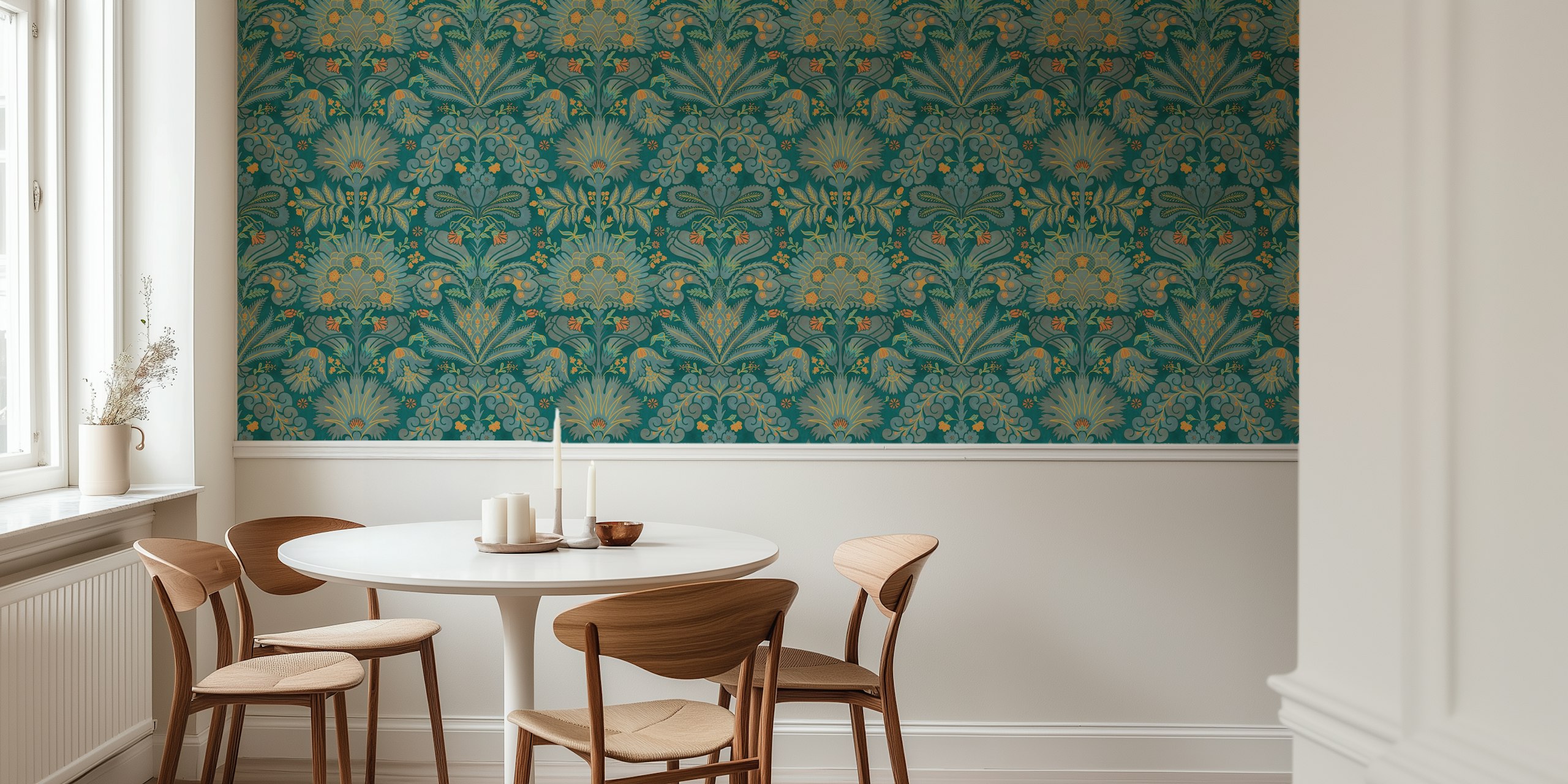 Teal floral damask pattern wallpaper with orange accents