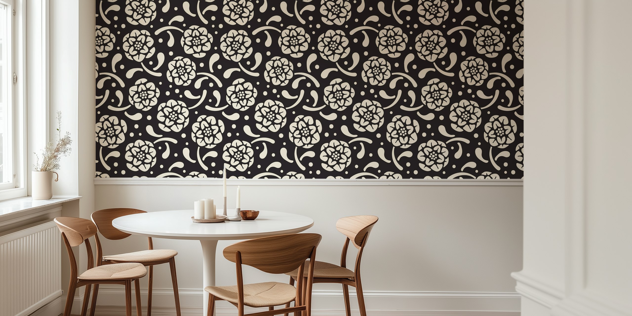 Dolce Block Print Style Retro Floral Black tapet i rummet