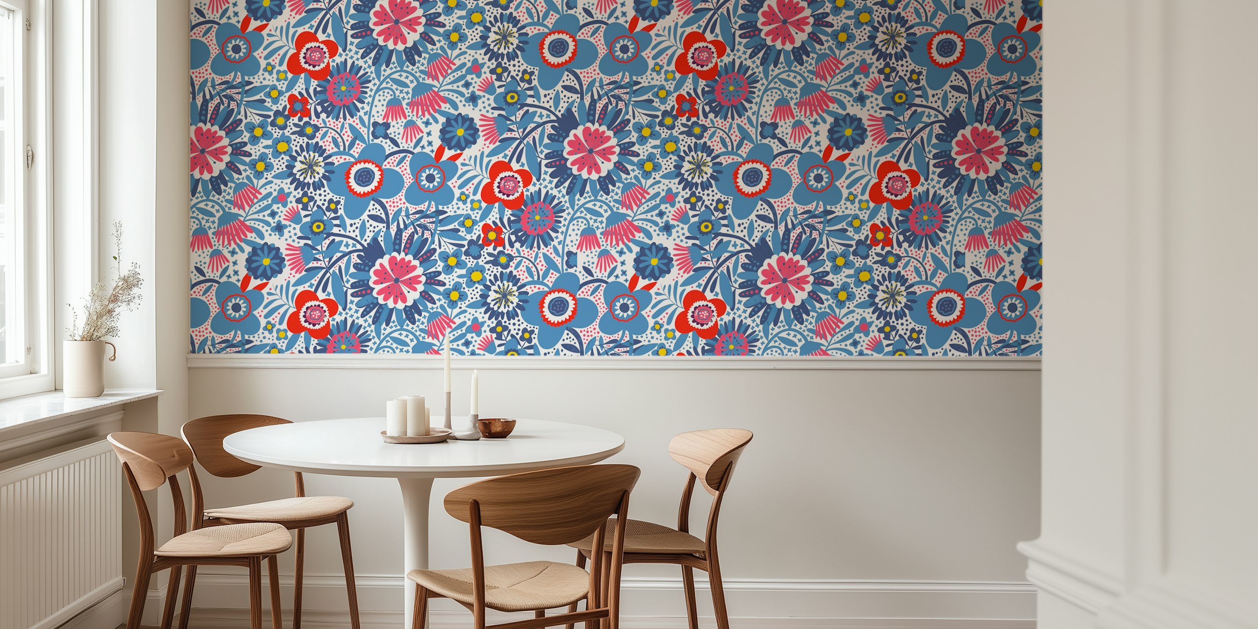 Colorful blockprint super bloom wallpaper in a room