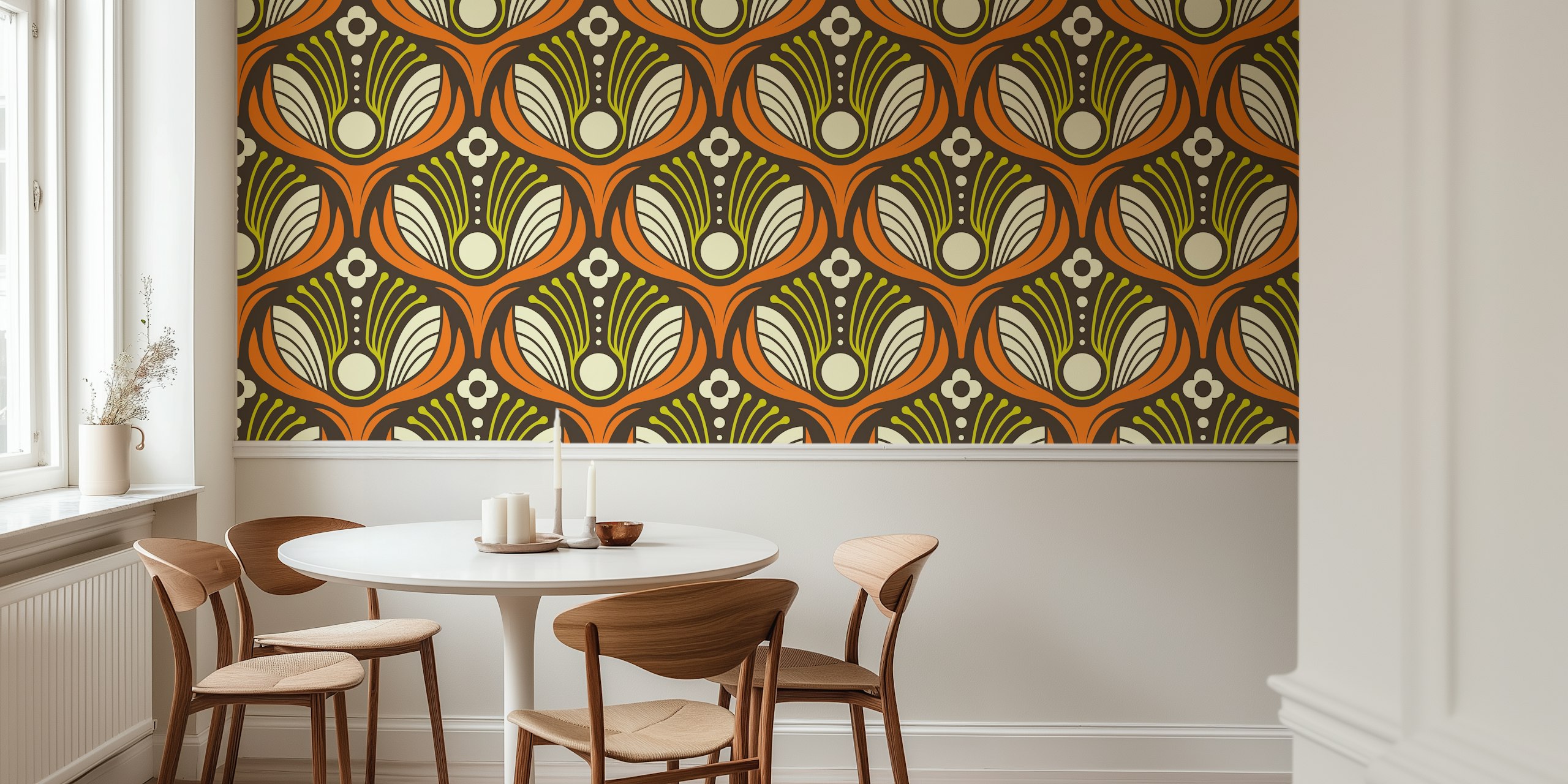 Art Deco floral pattern in orange, brown, and green wallpaper