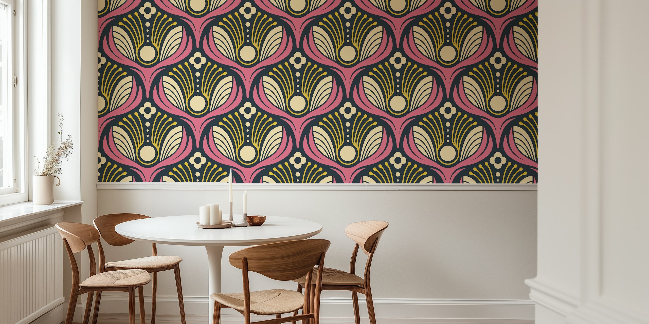 Ταπετσαρία Art Deco Floral in Pink σε ένα δωμάτιο