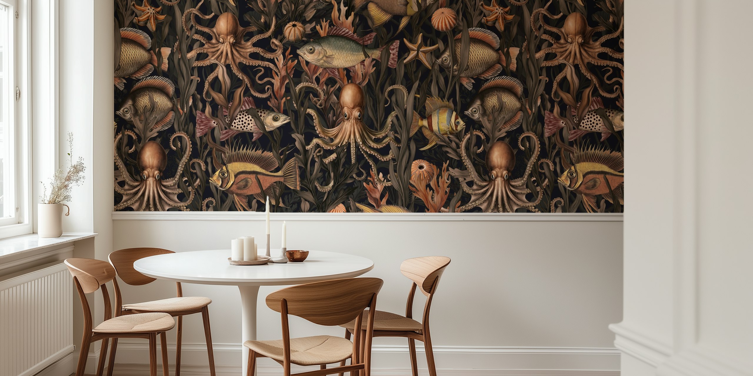 Underwater scene with octopuses and various fish in dark ocean colors wallpaper