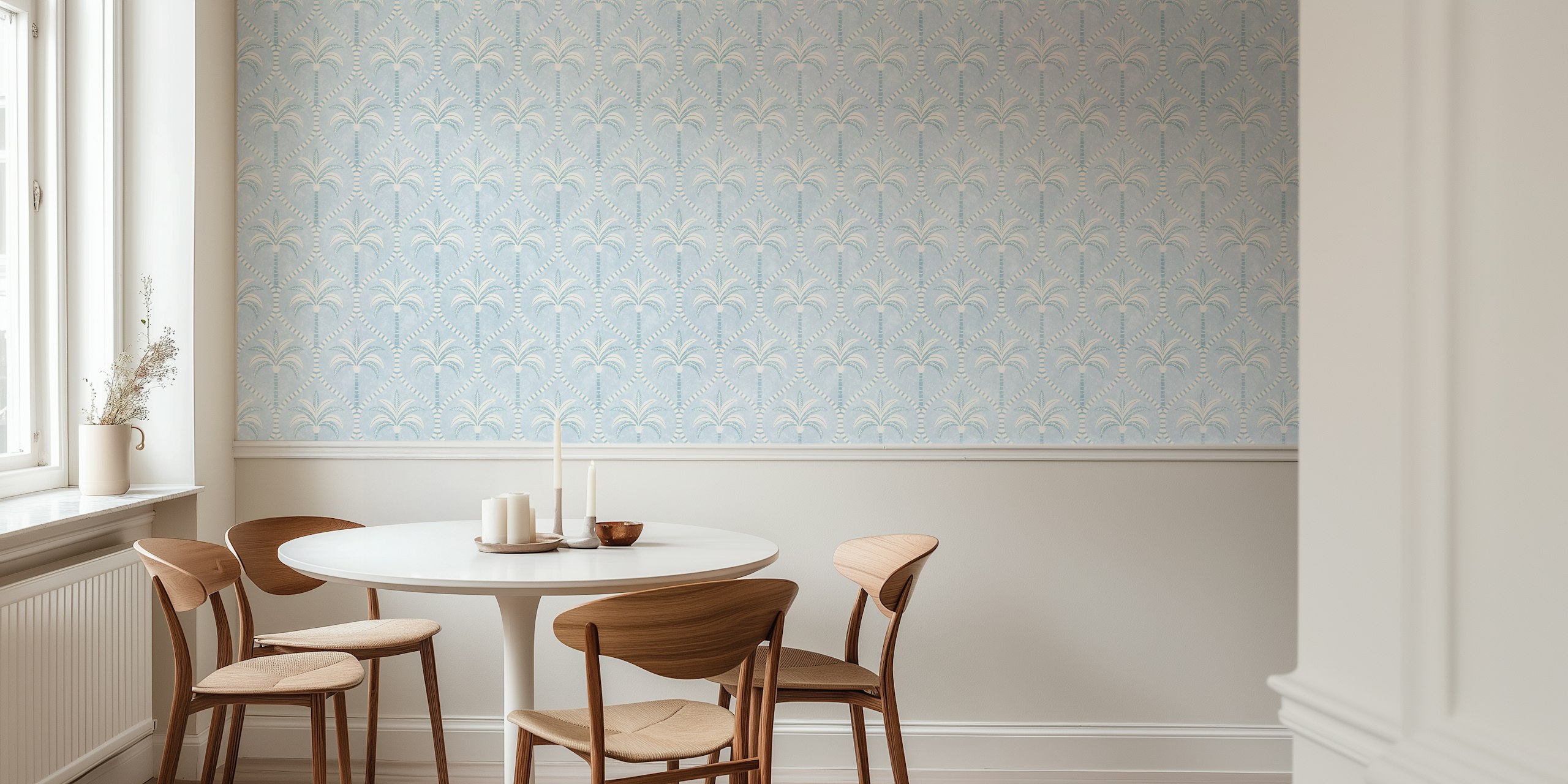 Blue palm tree pattern with white accents wallpaper