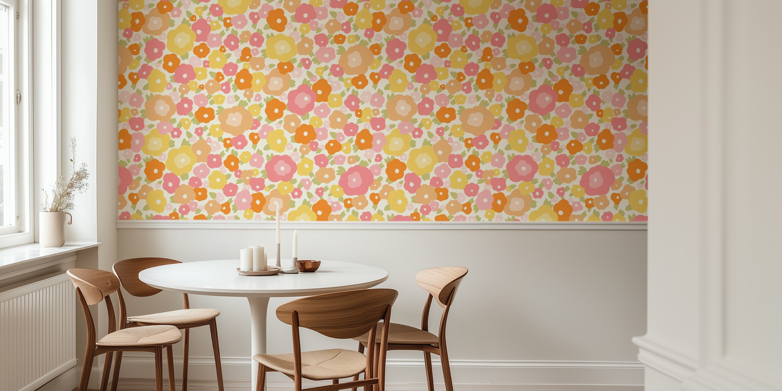 Papel tapiz floral pastel colorido Retro Abstract Flowers Colorful Pastel Floral en una habitación