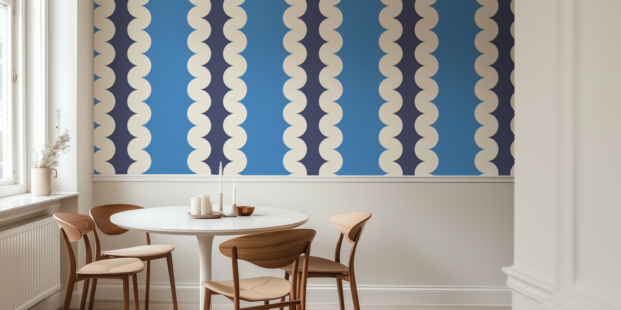 Blue and cream scalloped stripe design wallpaper