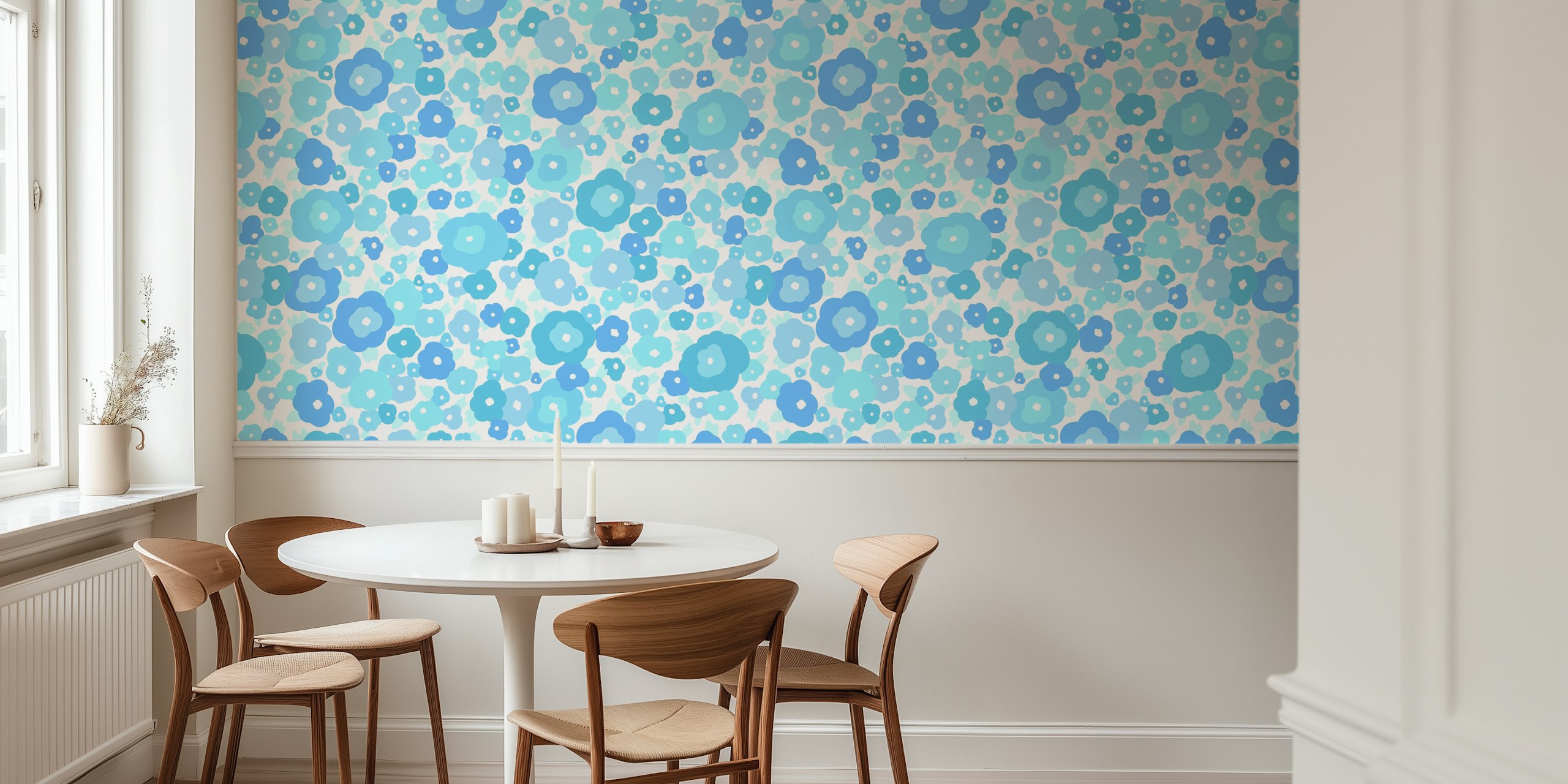 Ταπετσαρία Retro abstract blue flowers σε ένα δωμάτιο