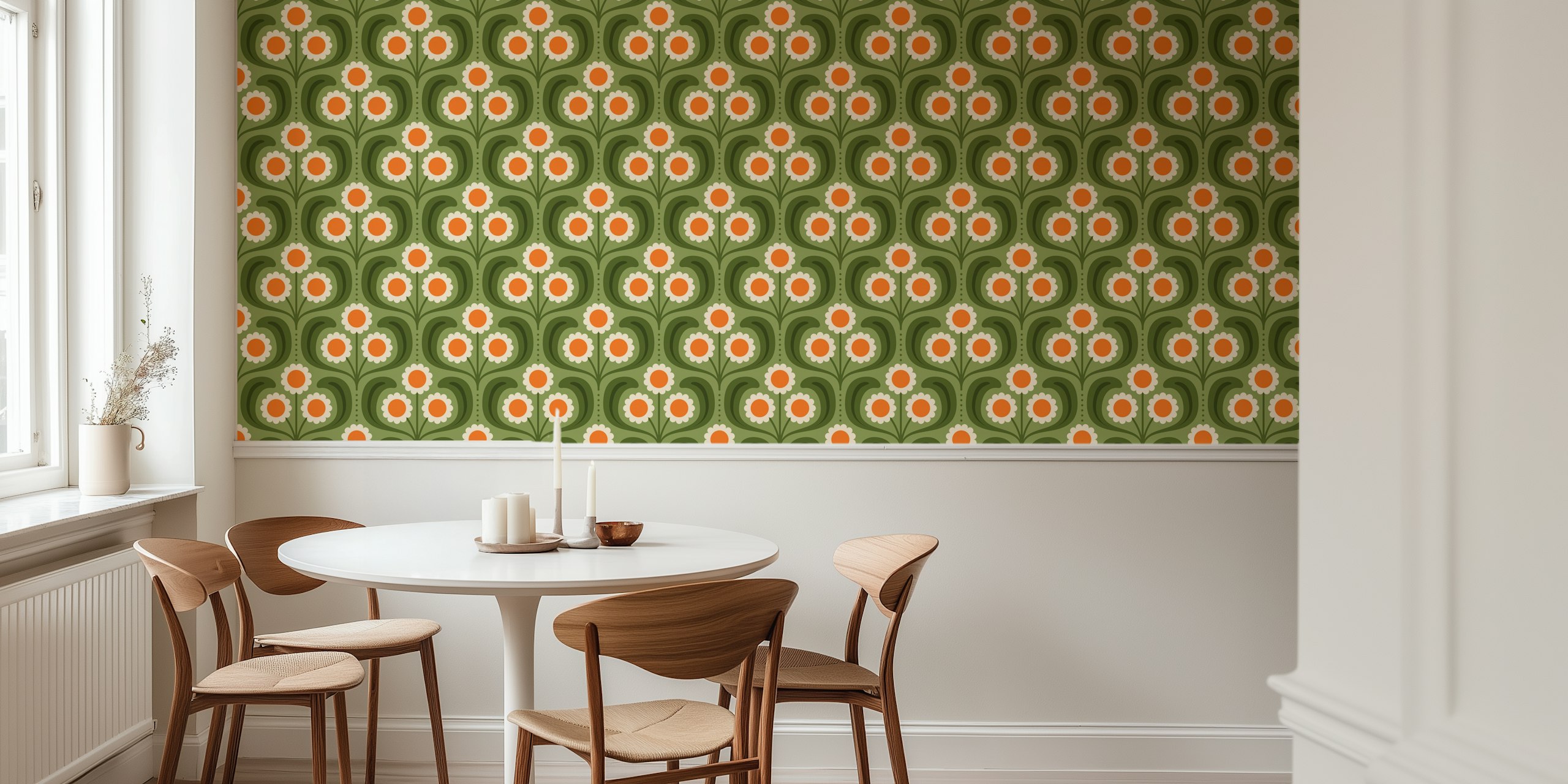 Retro floral design with green background and orange daisy flowers wallpaper