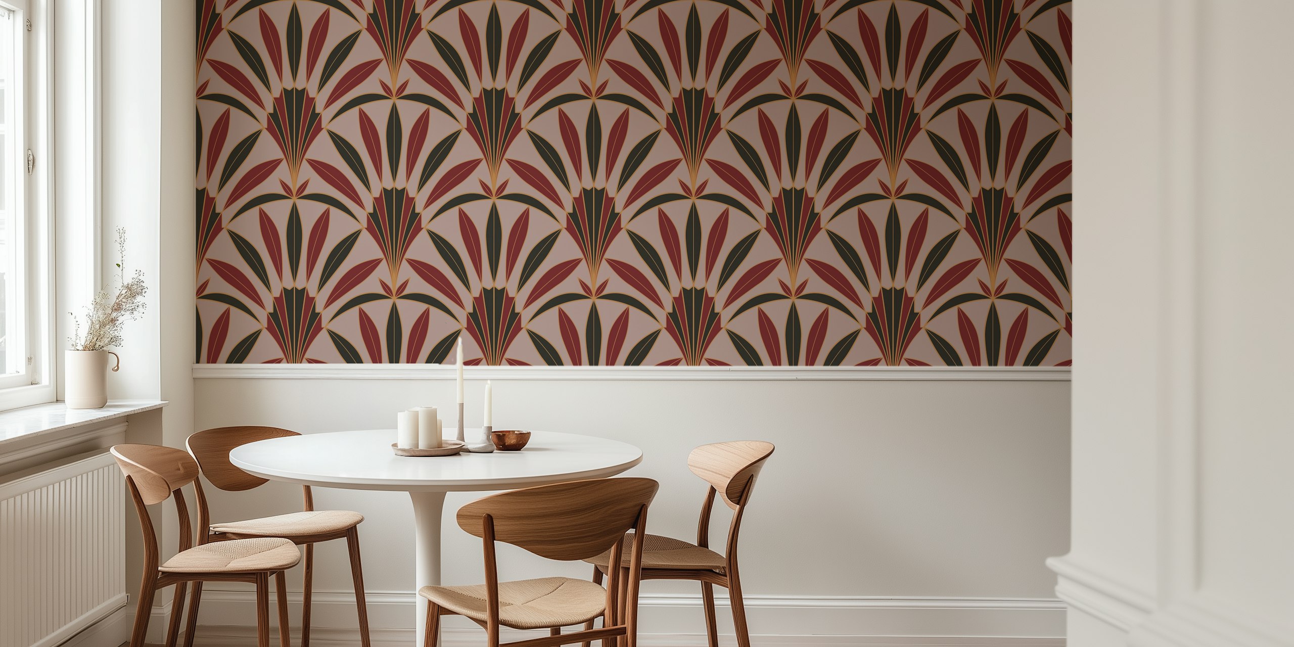 Art Deco palm bladeren in syrah rood en zwart wallpaper