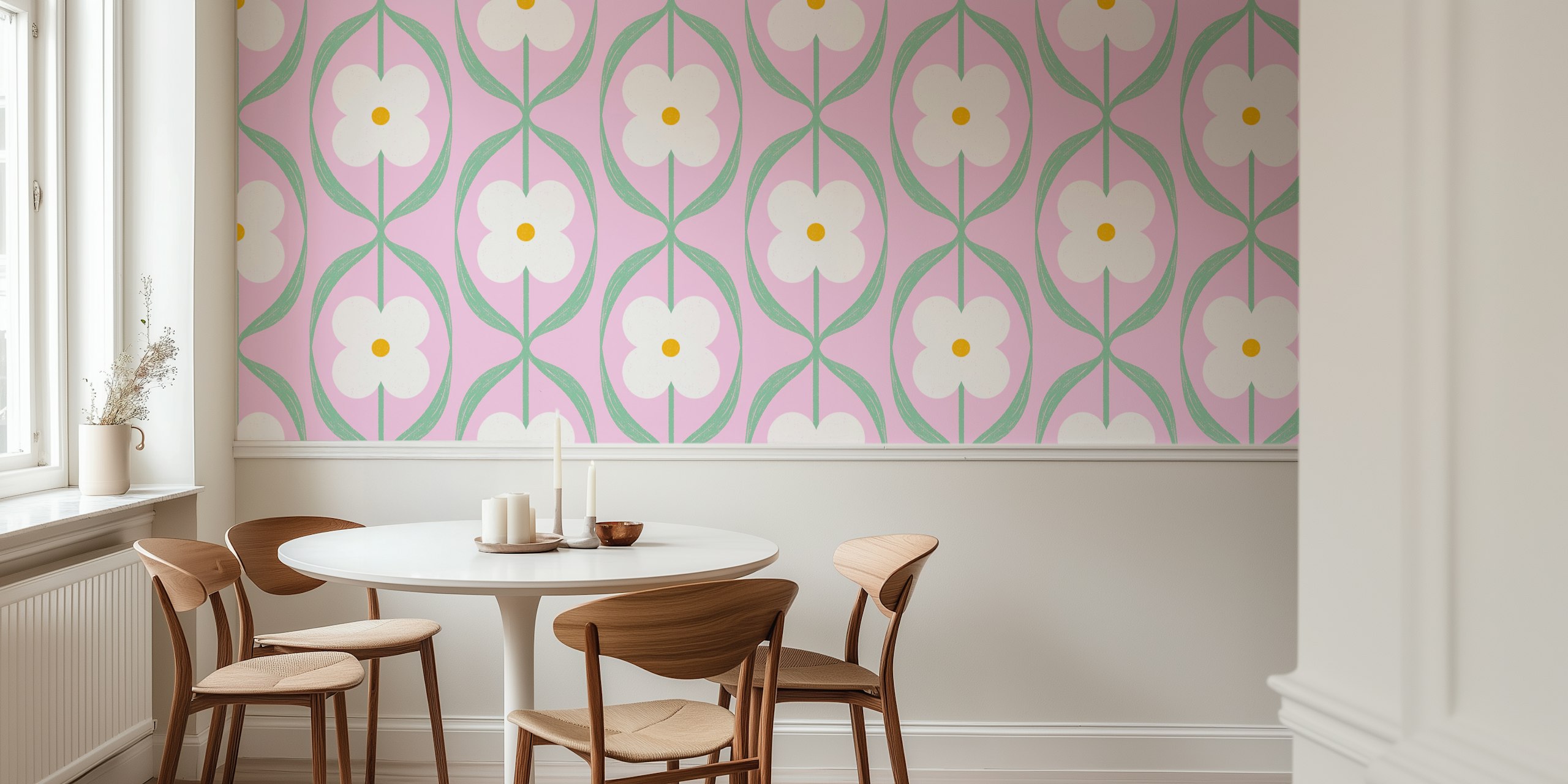 Retro daisy flowers wallpaper in a room