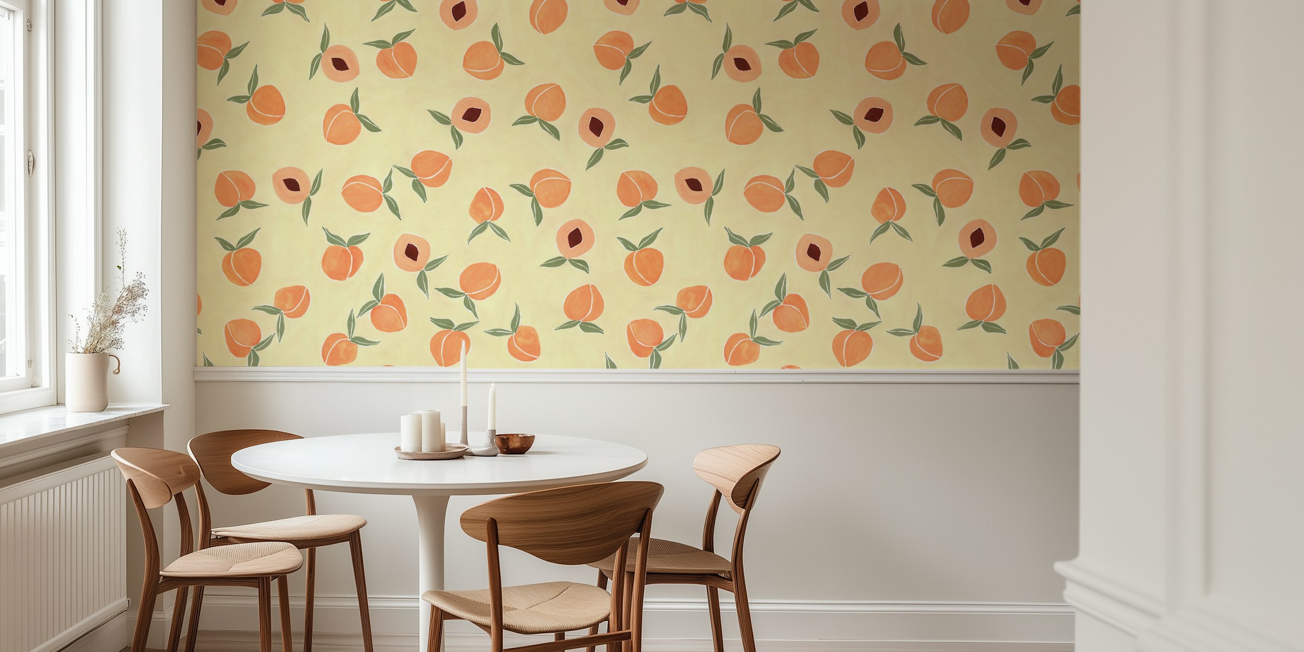 Hand-painted peaches on yellow background wallpaper
