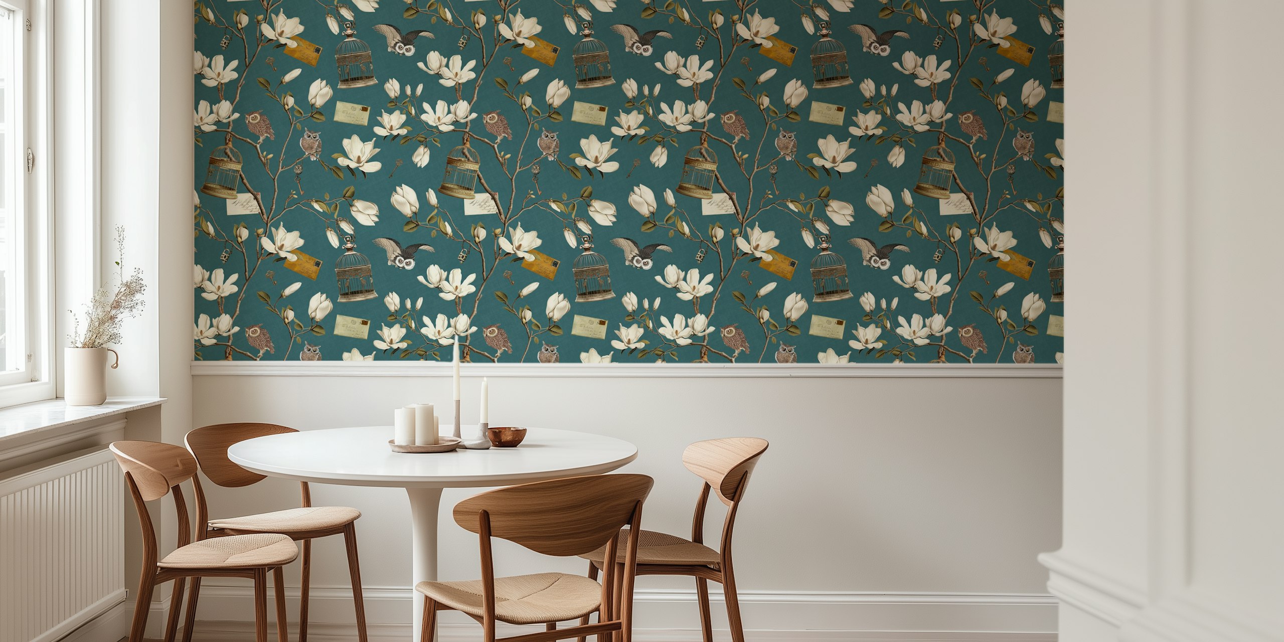 Magnolia Grove with Owls in Teal Blue tapet