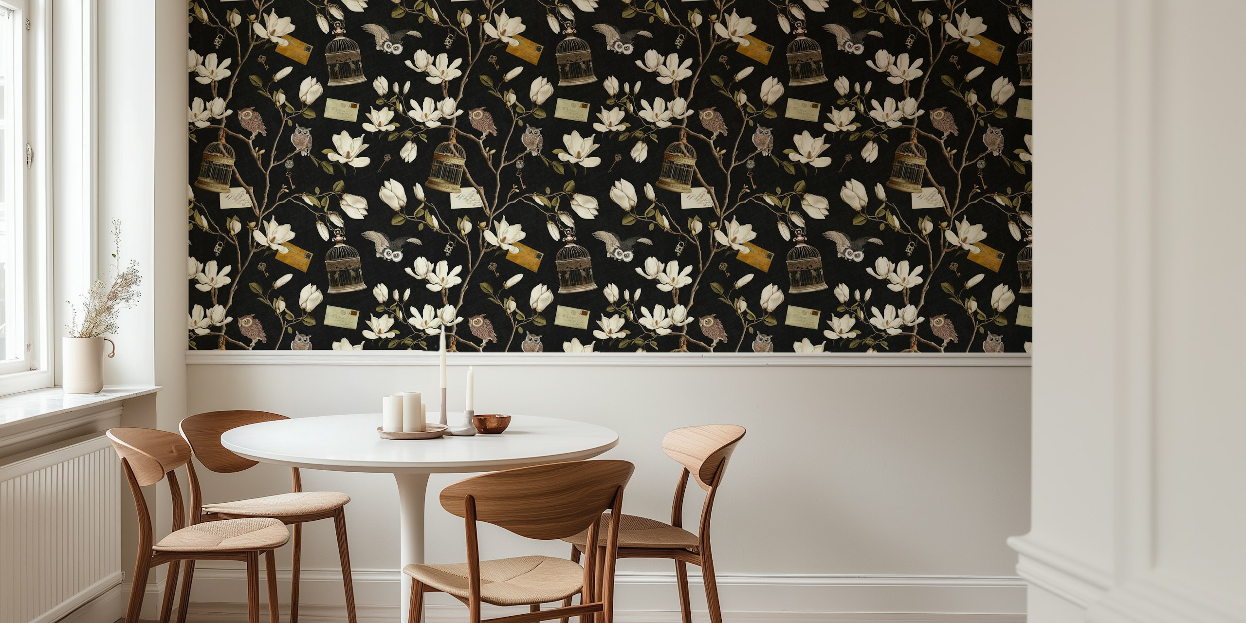 Magnolia Grove with Owls in Black design della carta da parati