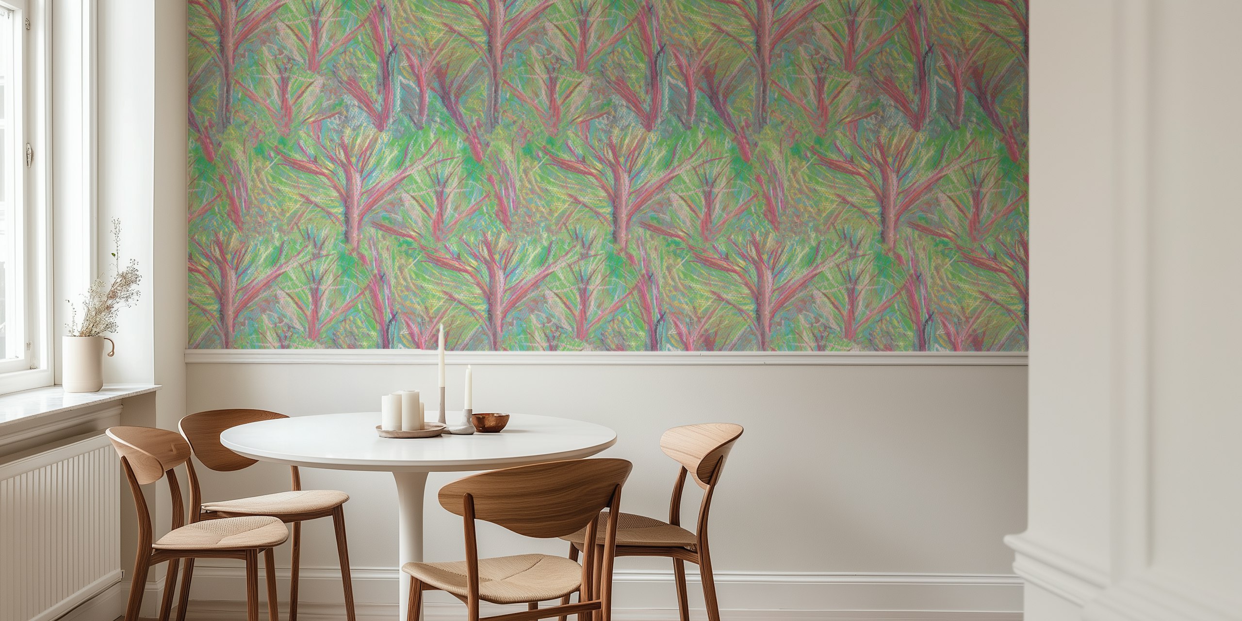 Abstract foliage pattern with green background and colorful tree designs wallpaper
