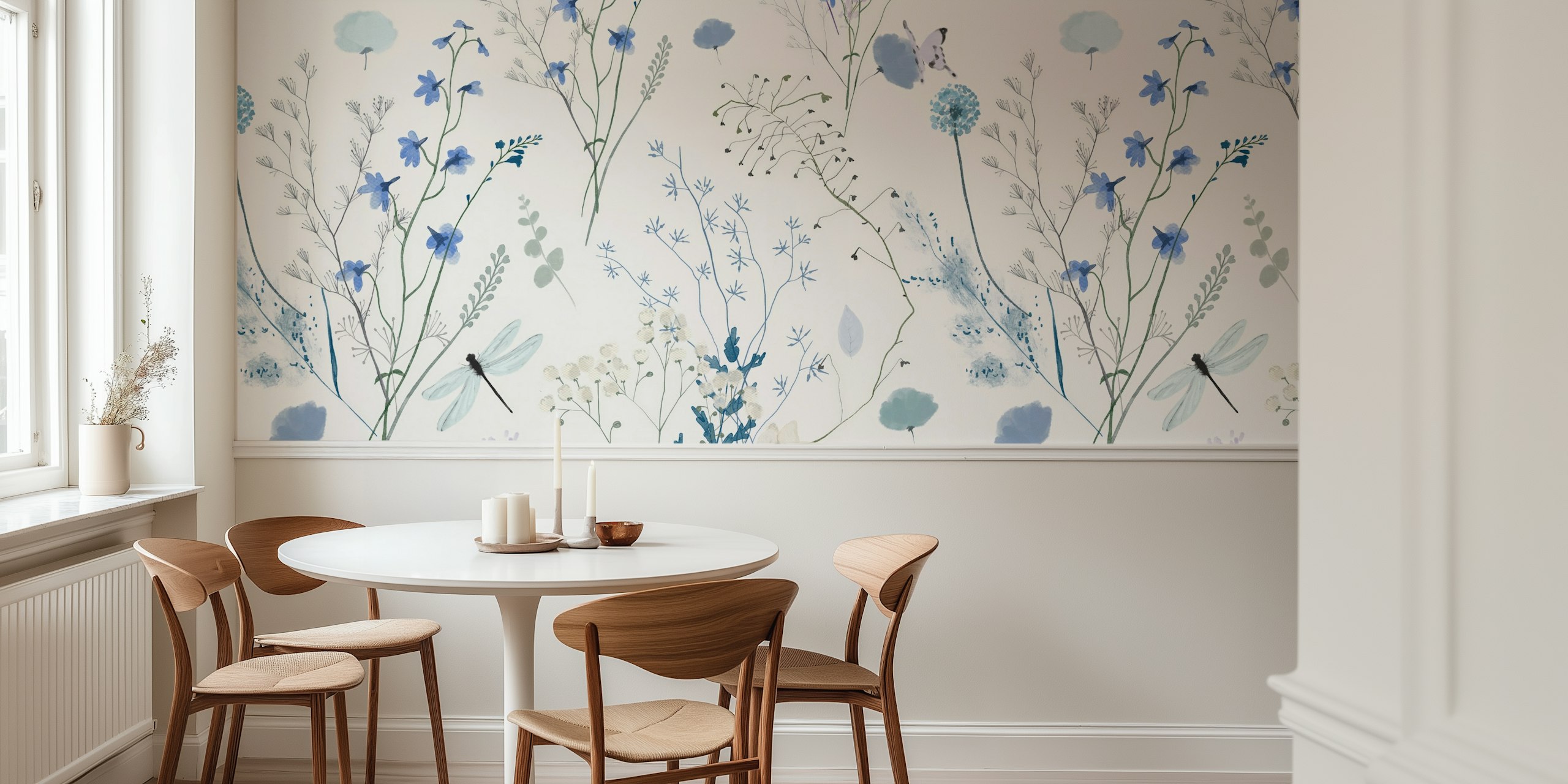 Variety of blue and lilac wildflowers on a light background wallpaper