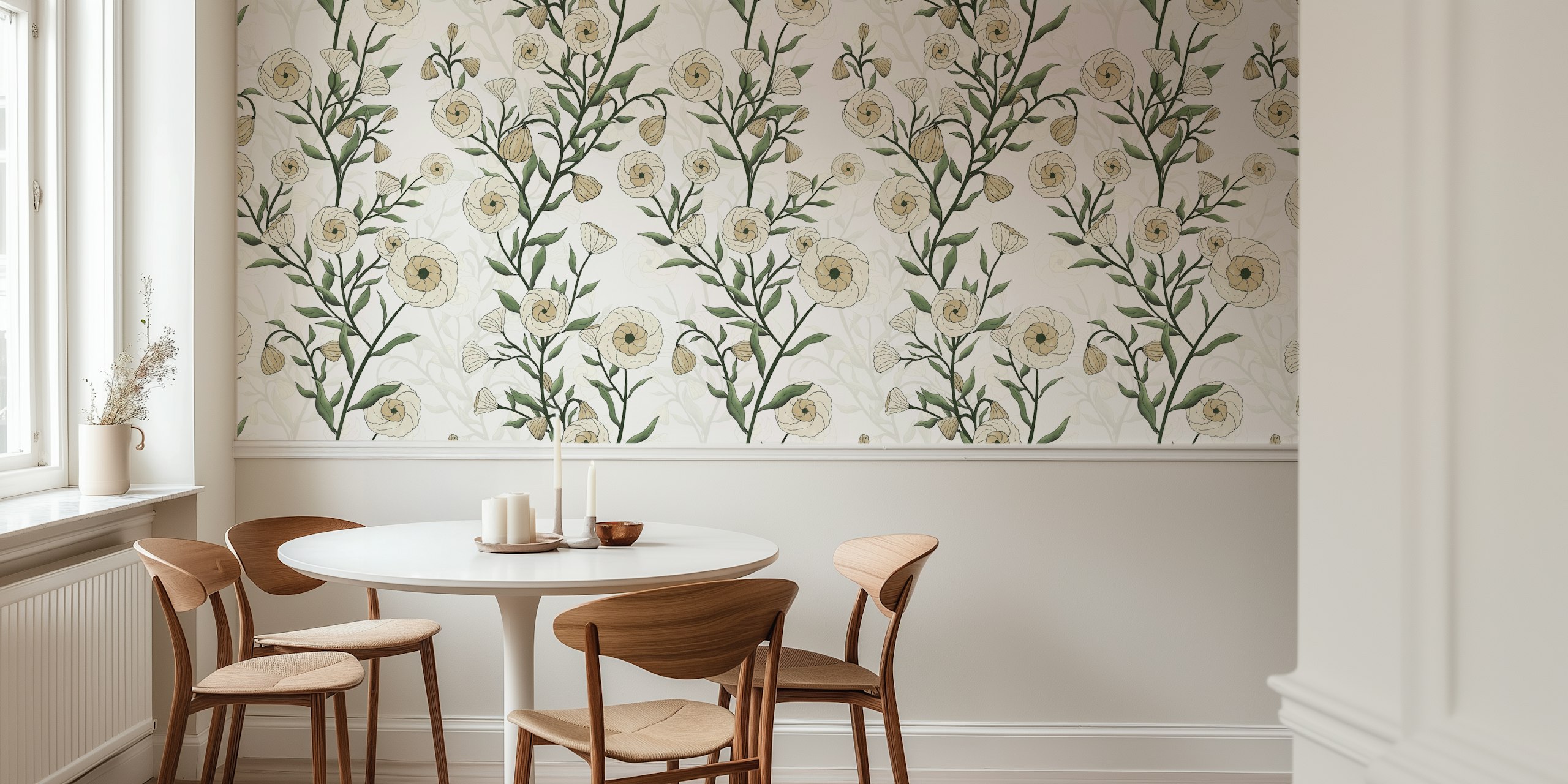 Floral design with spiraled white flowers and green leaves wallpaper