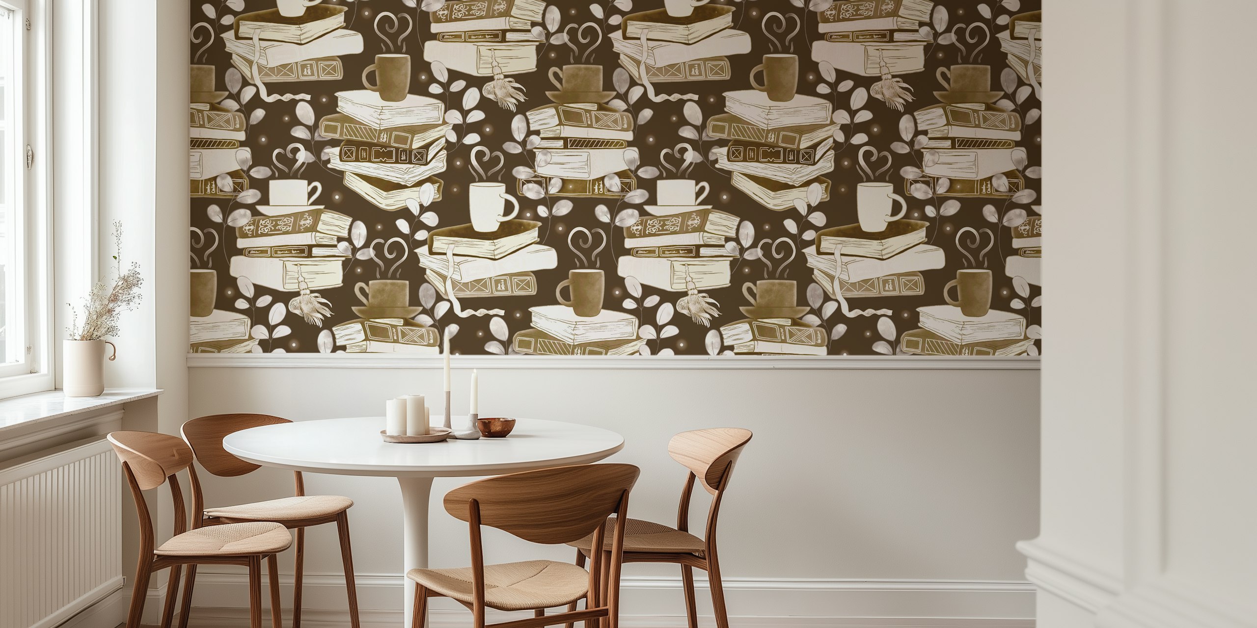Mocha brown wallpaper s knjigama i šalicama kave